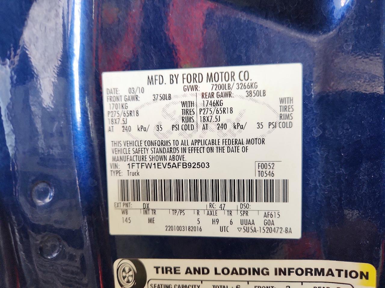 2010 Ford F150 Supercrew Blue vin: 1FTFW1EV5AFB92503