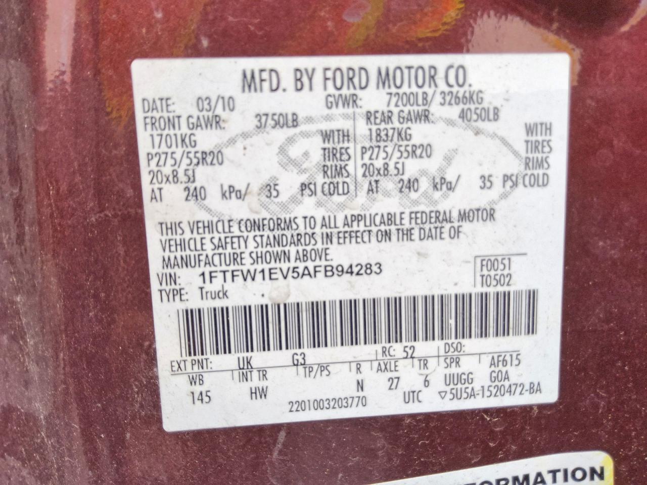 2010 Ford F150 Supercrew Maroon vin: 1FTFW1EV5AFB94283