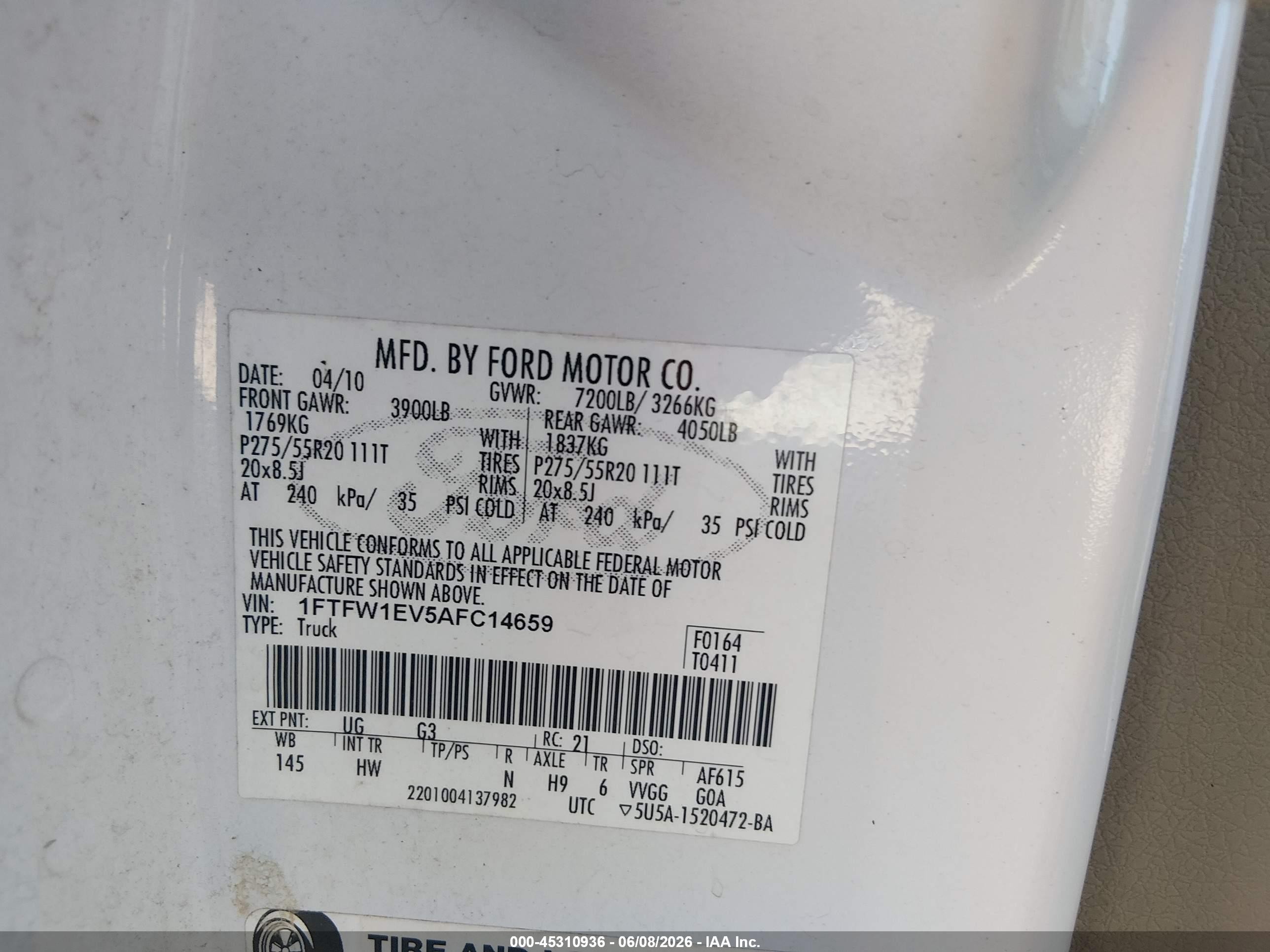 2010 Ford F-150   White vin: 1FTFW1EV5AFC14659