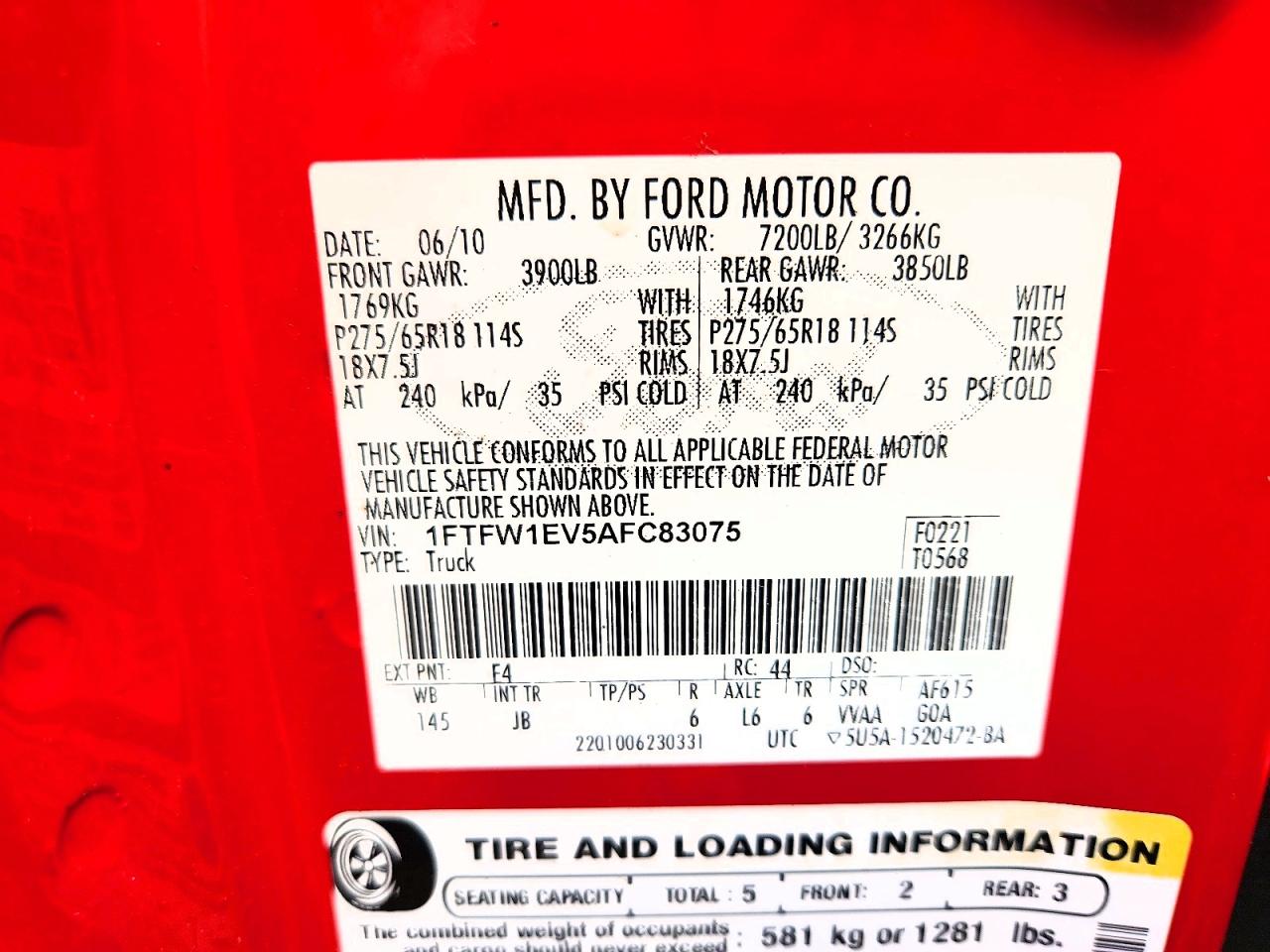 2010 Ford F150 Supercrew Red vin: 1FTFW1EV5AFC83075