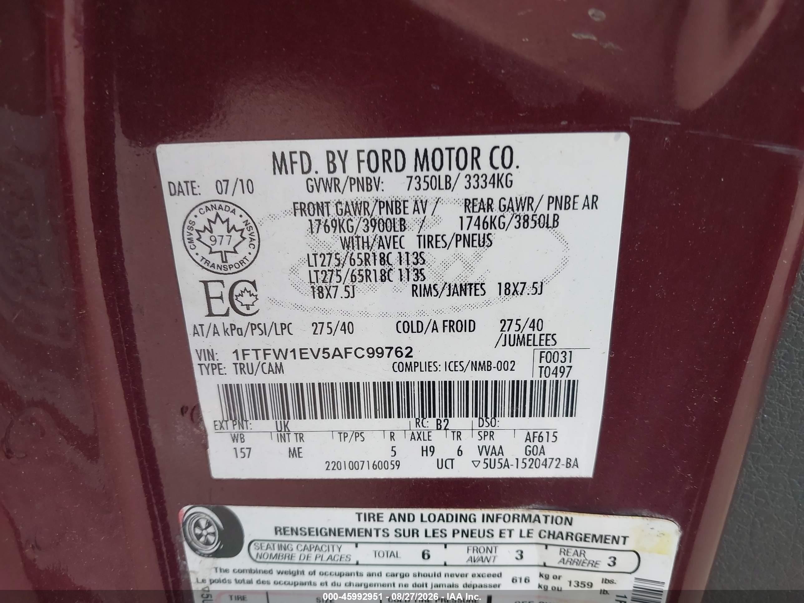 2010 Ford F-150 Fx4/harley-davidson/king Ranch/lariat/platinum/xl/xlt Maroon vin: 1FTFW1EV5AFC99762