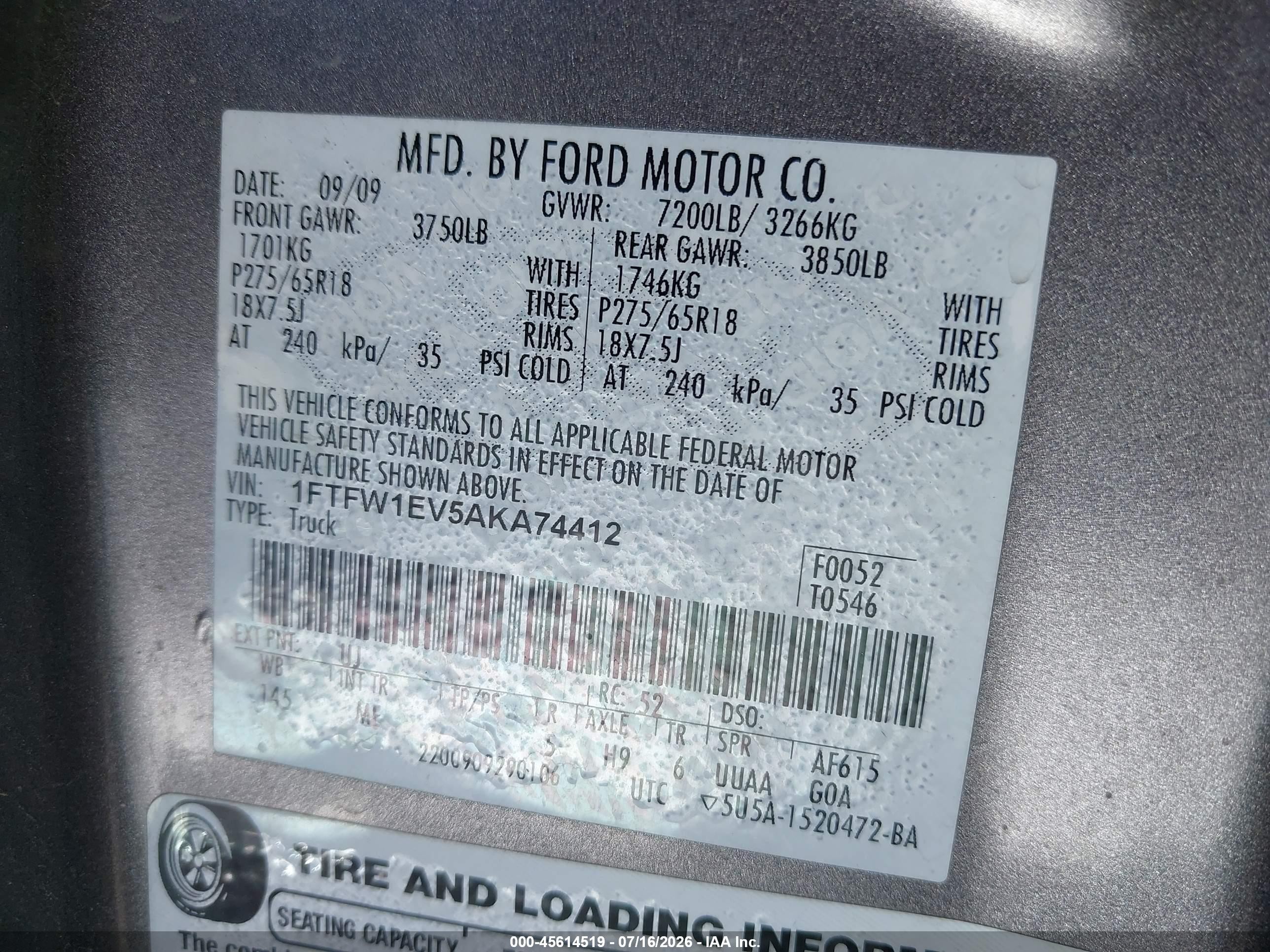 2010 Ford F-150 Fx4/harley-davidson/king Ranch/lariat/platinum/xl/xlt Gray vin: 1FTFW1EV5AKA74412