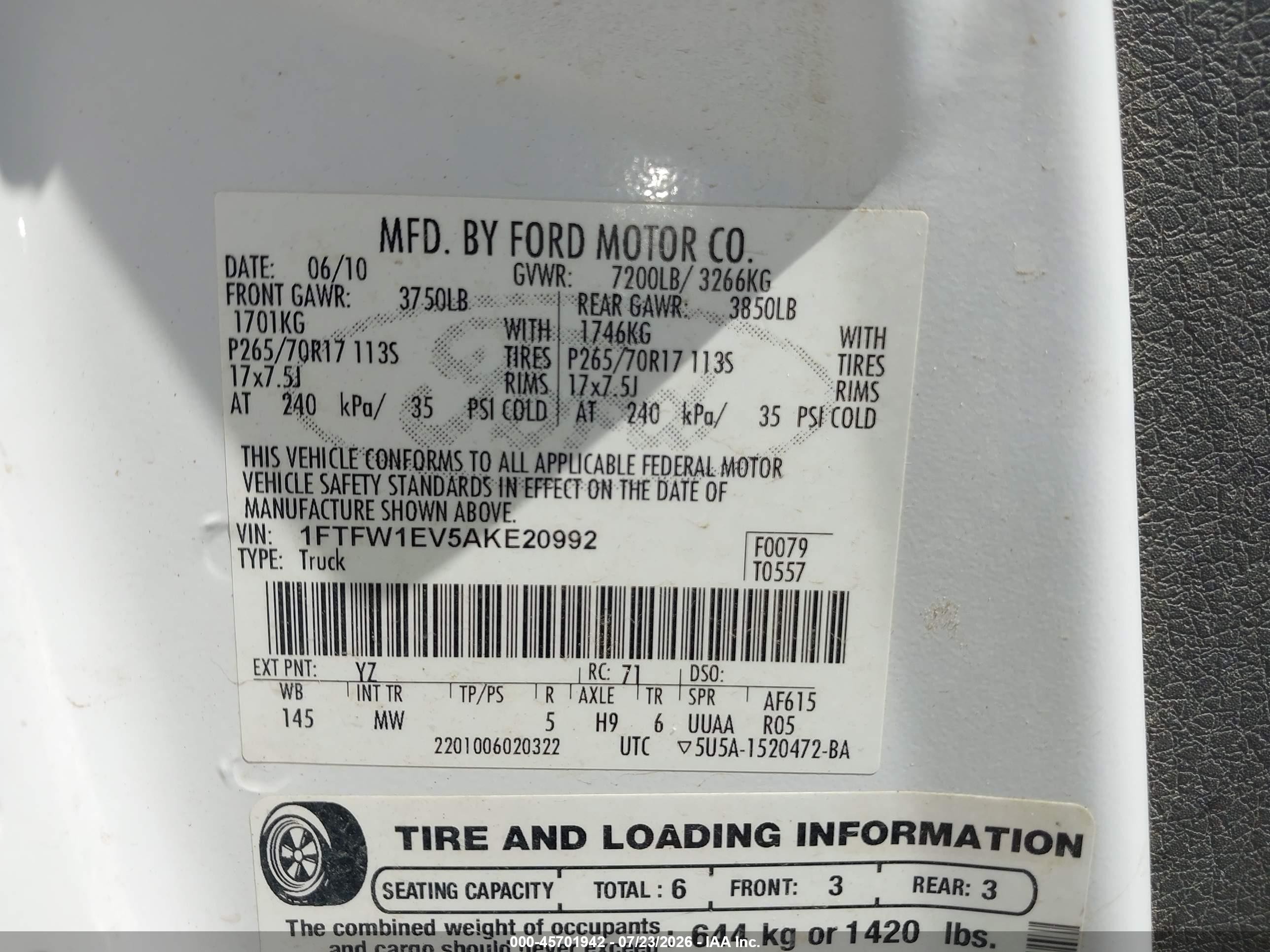 2010 Ford F-150 Fx4/harley-davidson/king Ranch/lariat/platinum/xl/xlt White vin: 1FTFW1EV5AKE20992