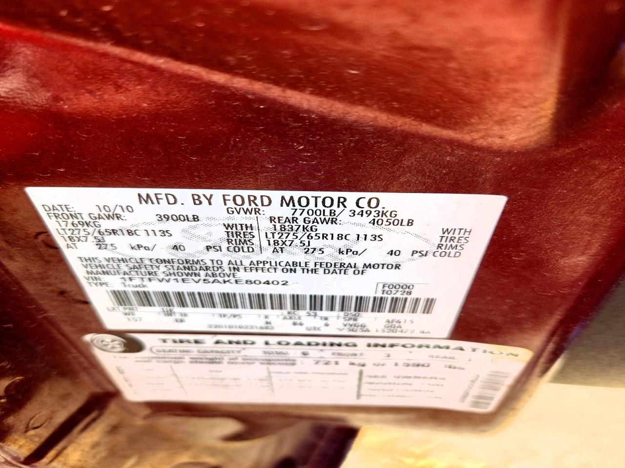 2010 Ford F150 Supercrew Maroon vin: 1FTFW1EV5AKE80402
