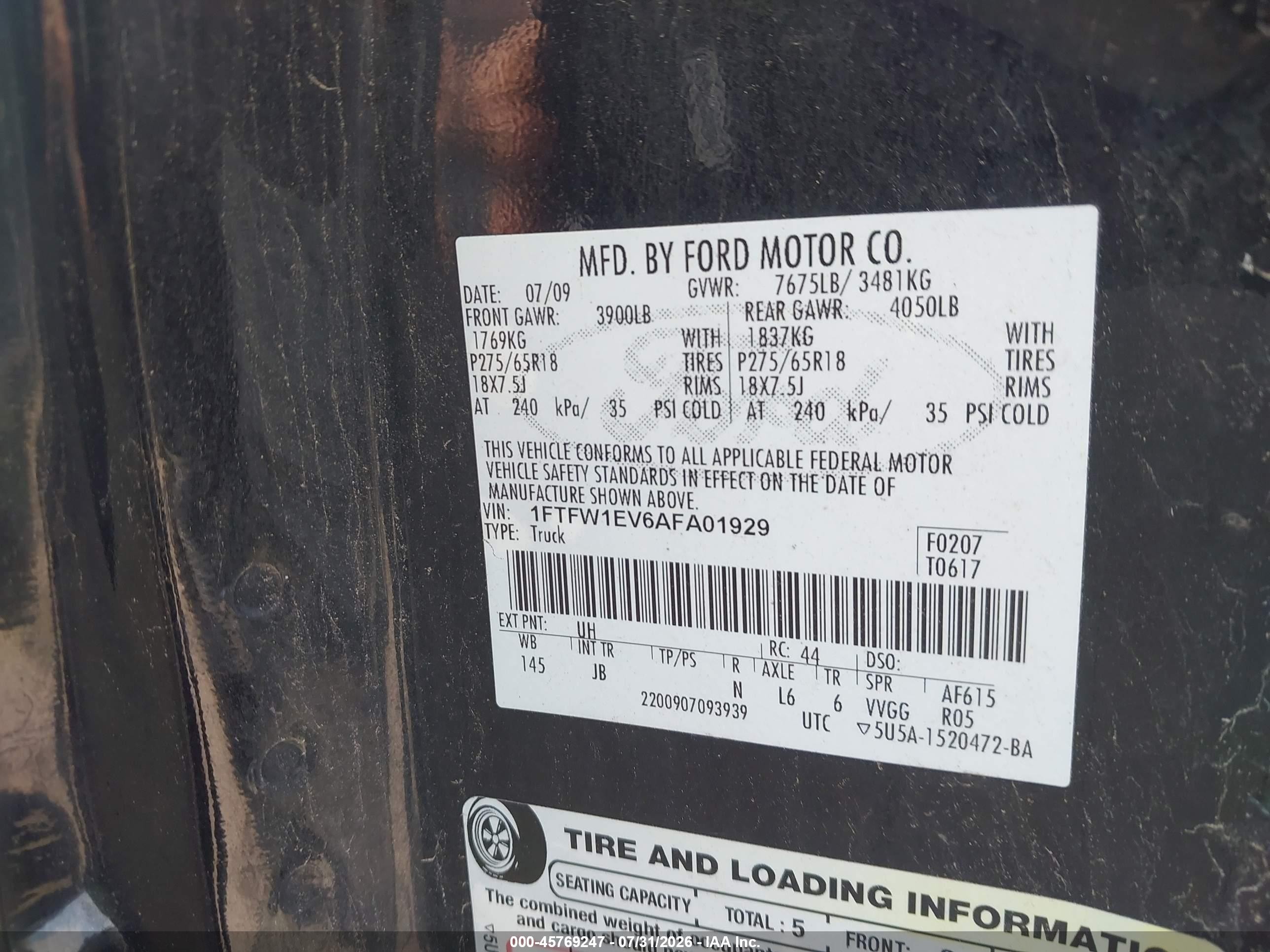 2010 Ford F-150   Черный vin: 1FTFW1EV6AFA01929