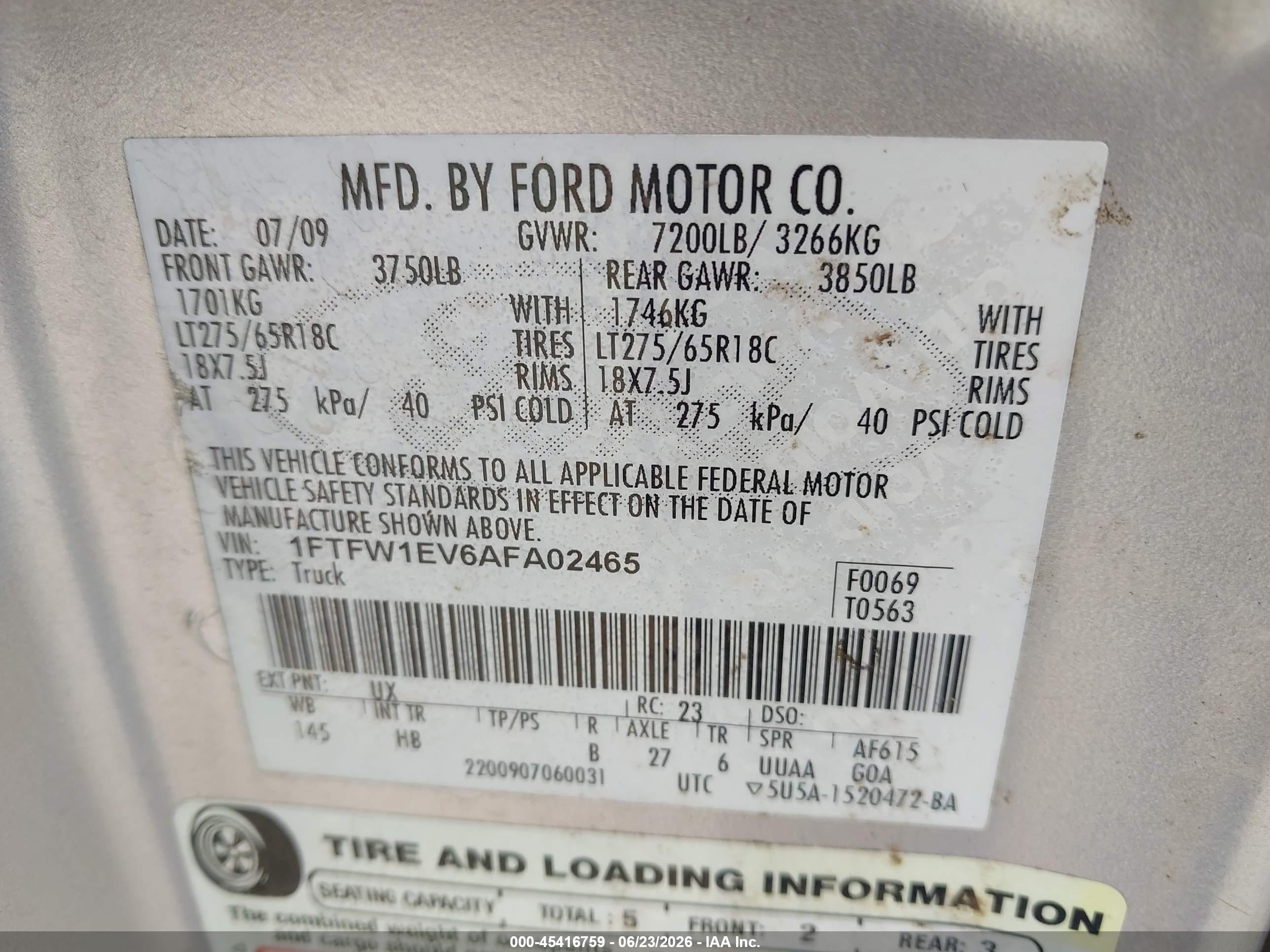 2010 Ford F-150 Fx4/harley-davidson/king Ranch/lariat/platinum/xl/xlt Silver vin: 1FTFW1EV6AFA02465