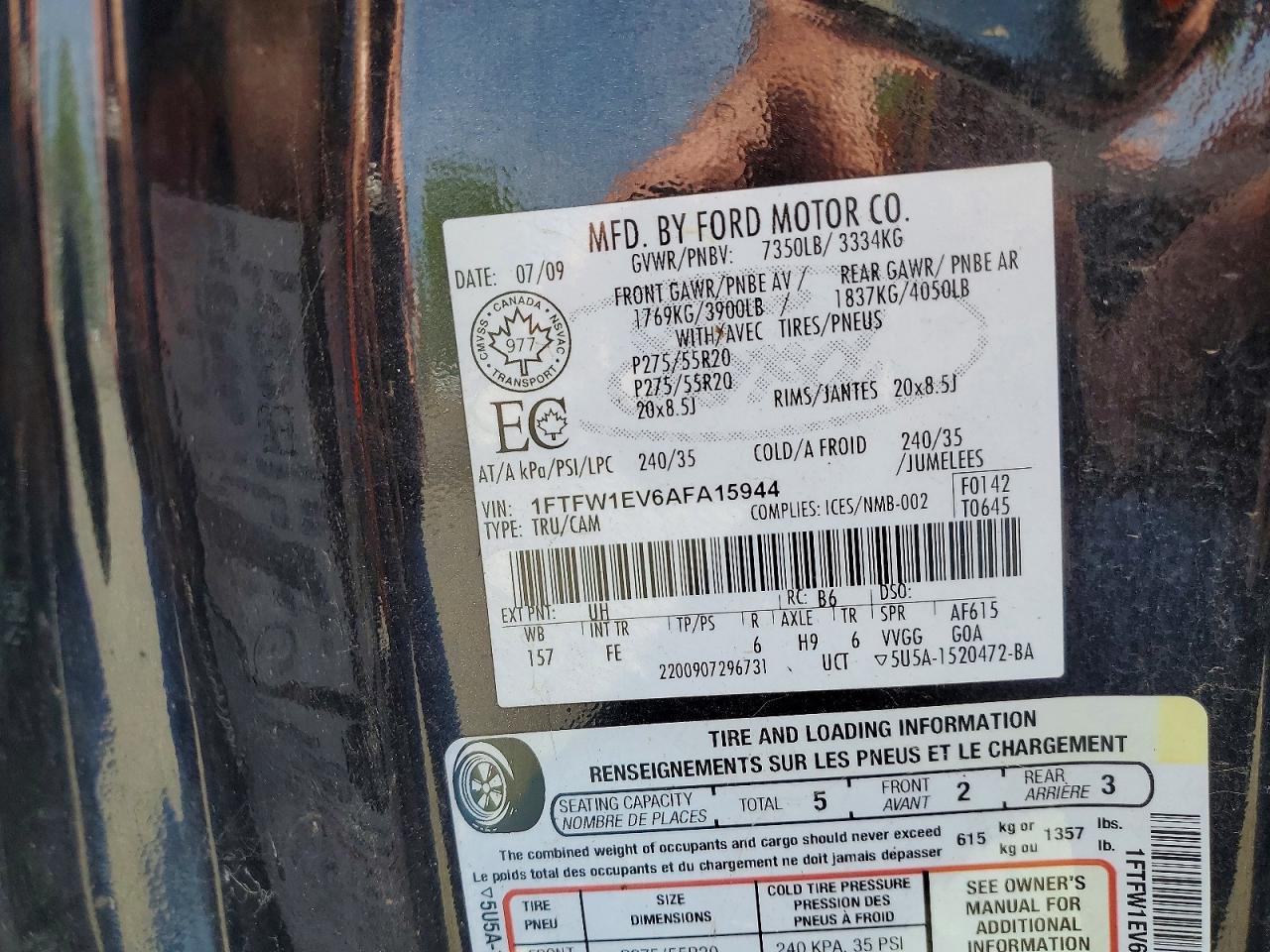 2010 Ford F150 Supercrew Black vin: 1FTFW1EV6AFA15944