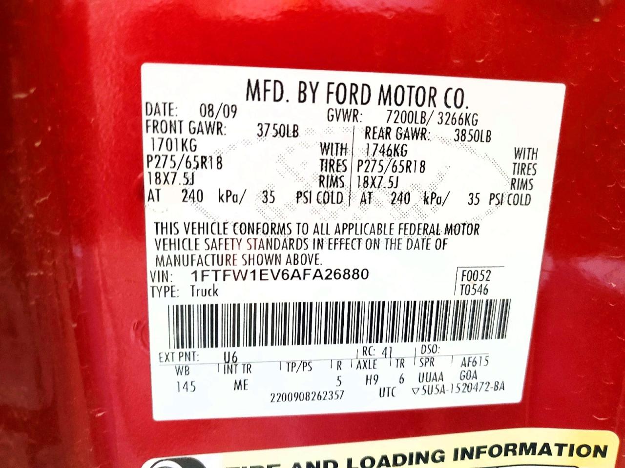 2010 Ford F150 Supercrew Red vin: 1FTFW1EV6AFA26880