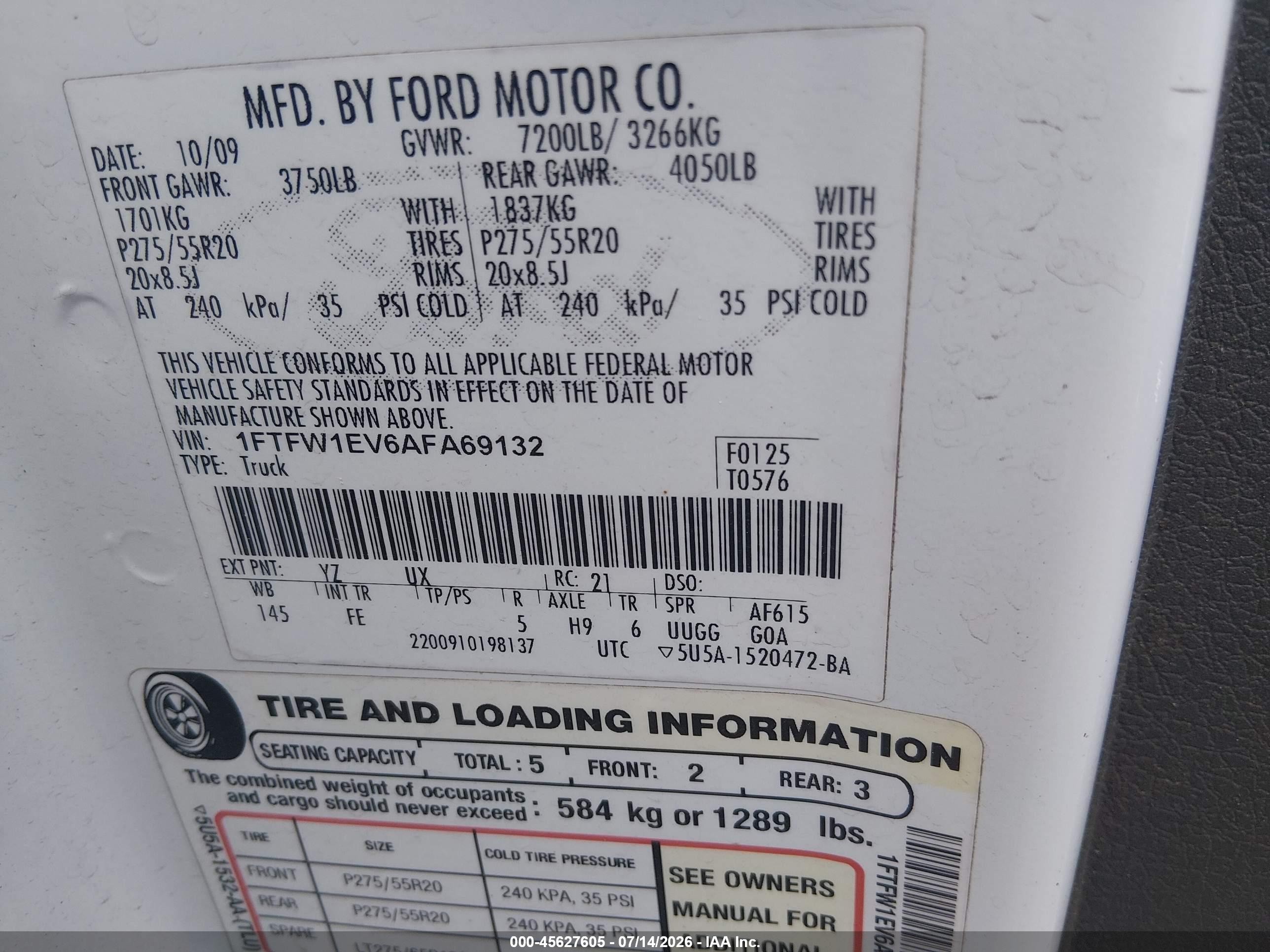 2010 Ford F-150 Fx4/harley-davidson/king Ranch/lariat/platinum/xl/xlt White vin: 1FTFW1EV6AFA69132