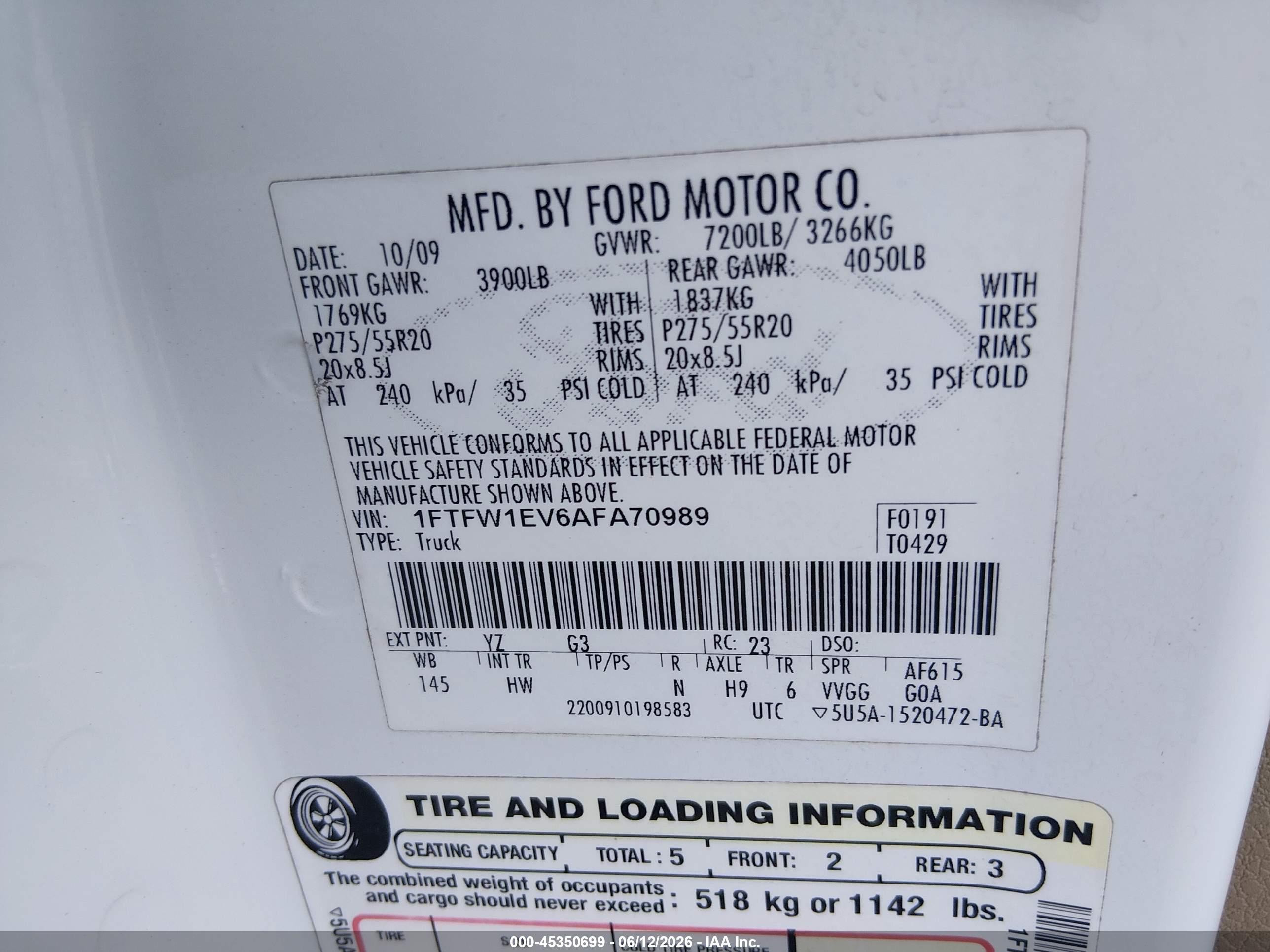 2010 Ford F-150   White vin: 1FTFW1EV6AFA70989
