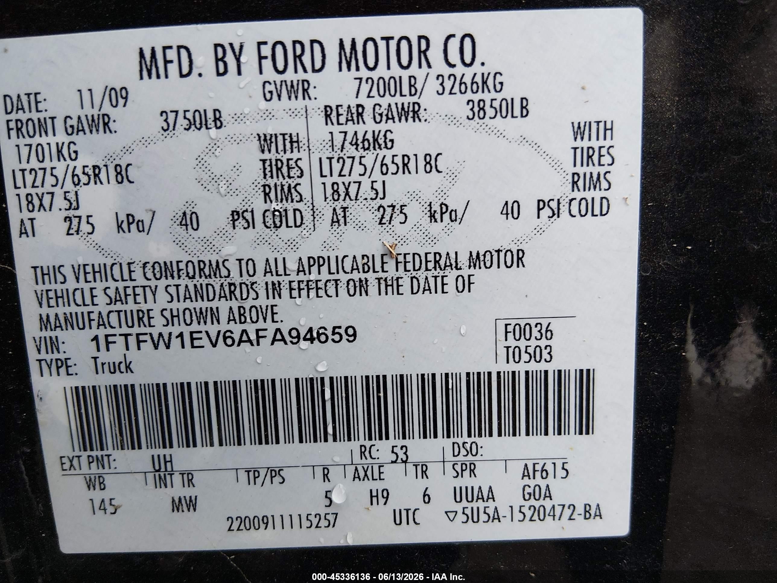 2010 Ford F-150 Fx4/harley-davidson/king Ranch/lariat/platinum/xl/xlt Black vin: 1FTFW1EV6AFA94659