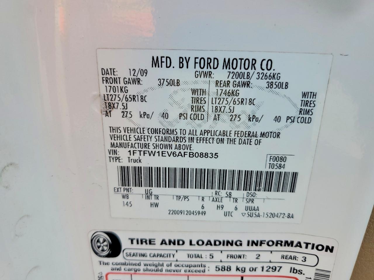 2010 Ford F150 Supercrew White vin: 1FTFW1EV6AFB08835