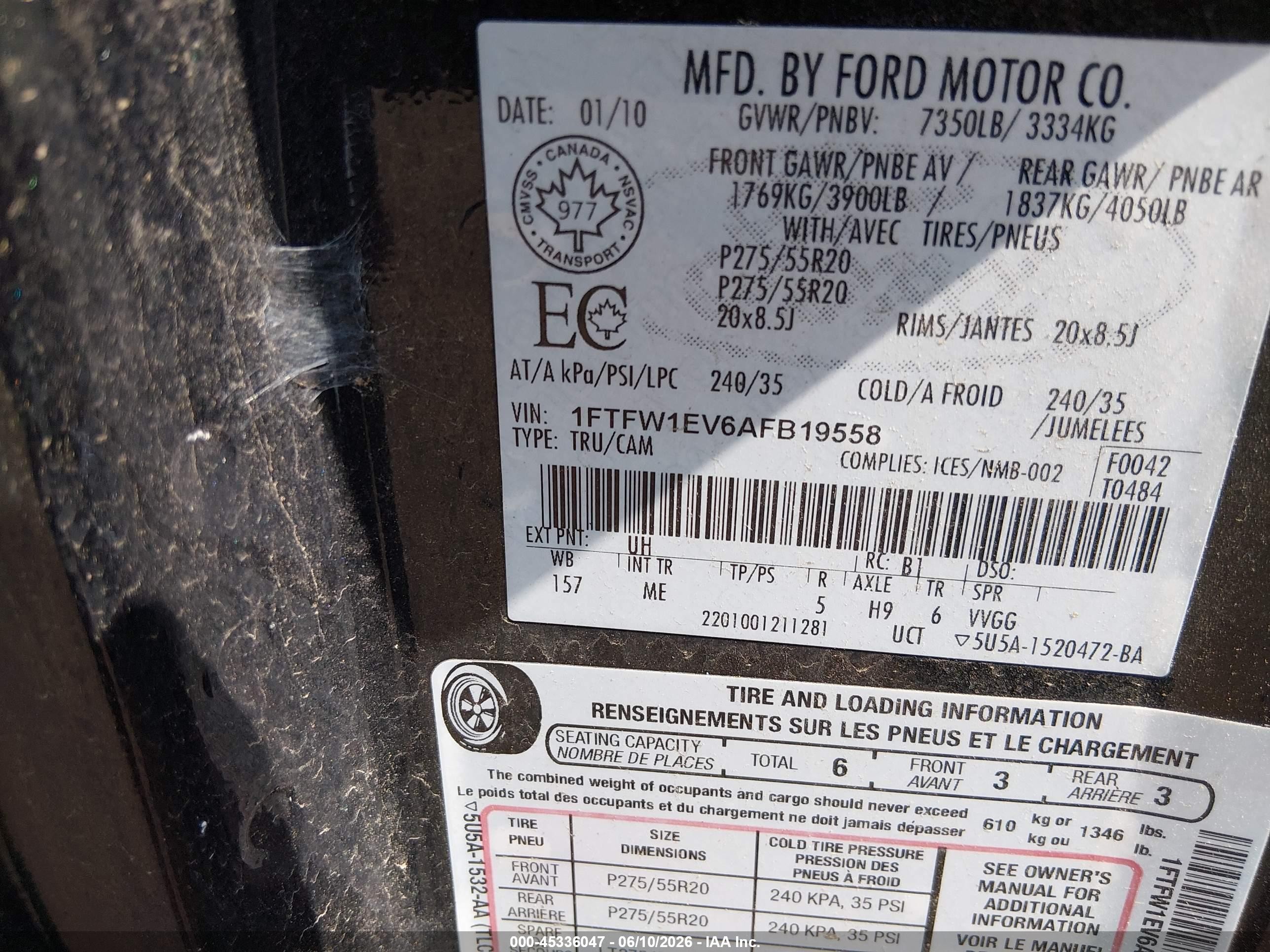 2010 Ford F150 Supercrew Black vin: 1FTFW1EV6AFB19558