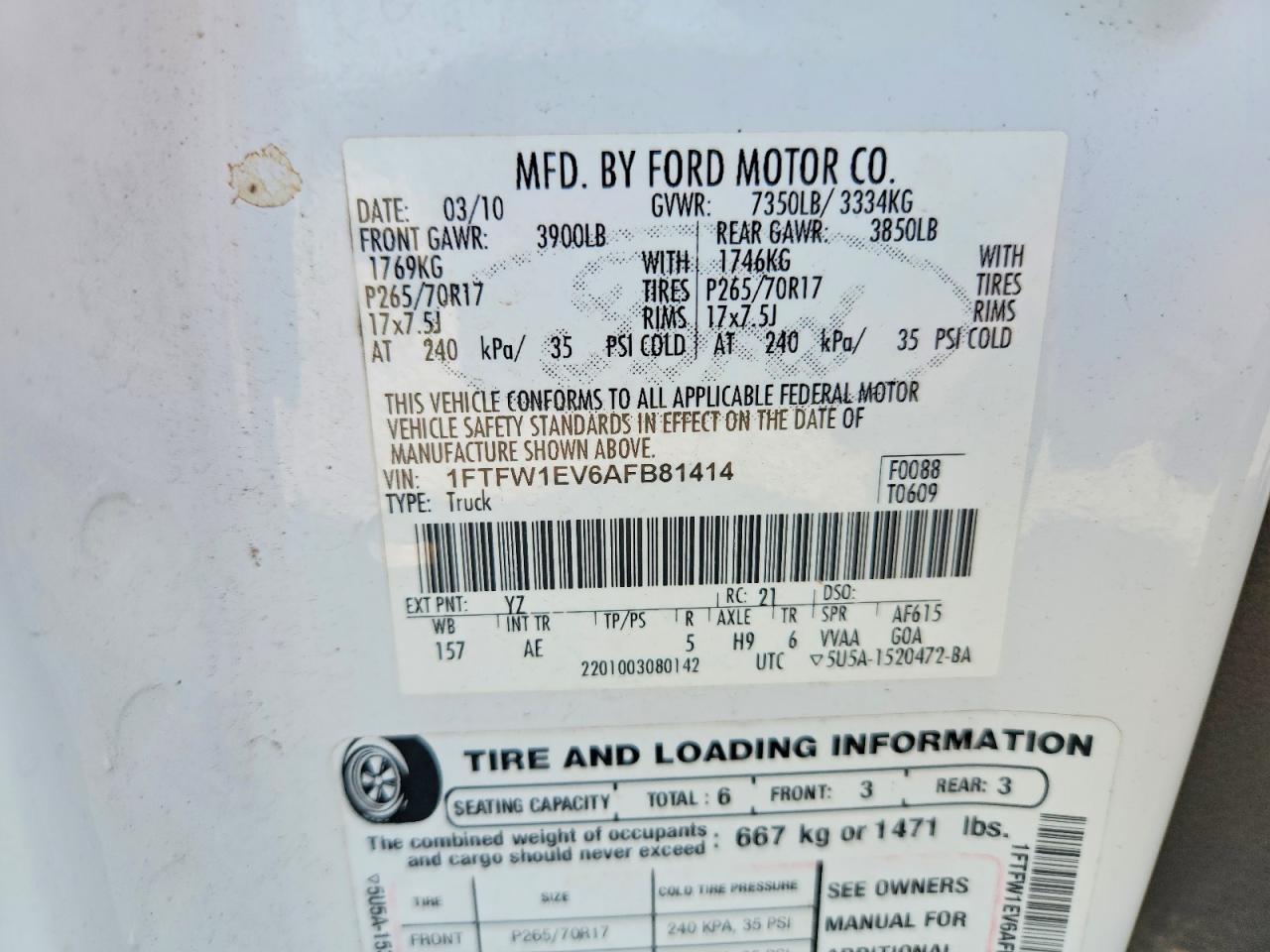 2010 Ford F150 Supercrew White vin: 1FTFW1EV6AFB81414
