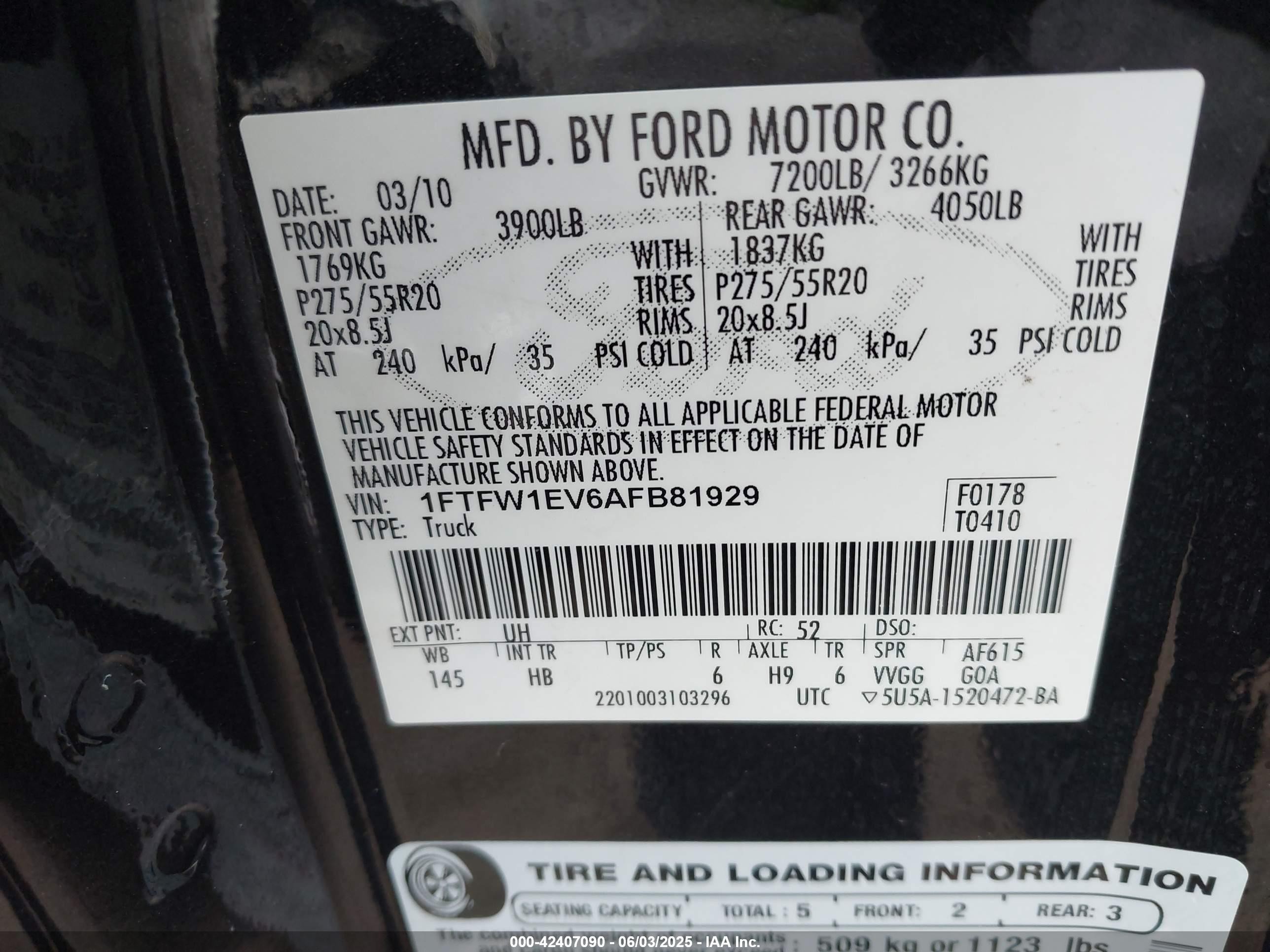 2010 Ford F-150 Fx4/harley-davidson/king Ranch/lariat/platinum/xl/xlt Black vin: 1FTFW1EV6AFB81929