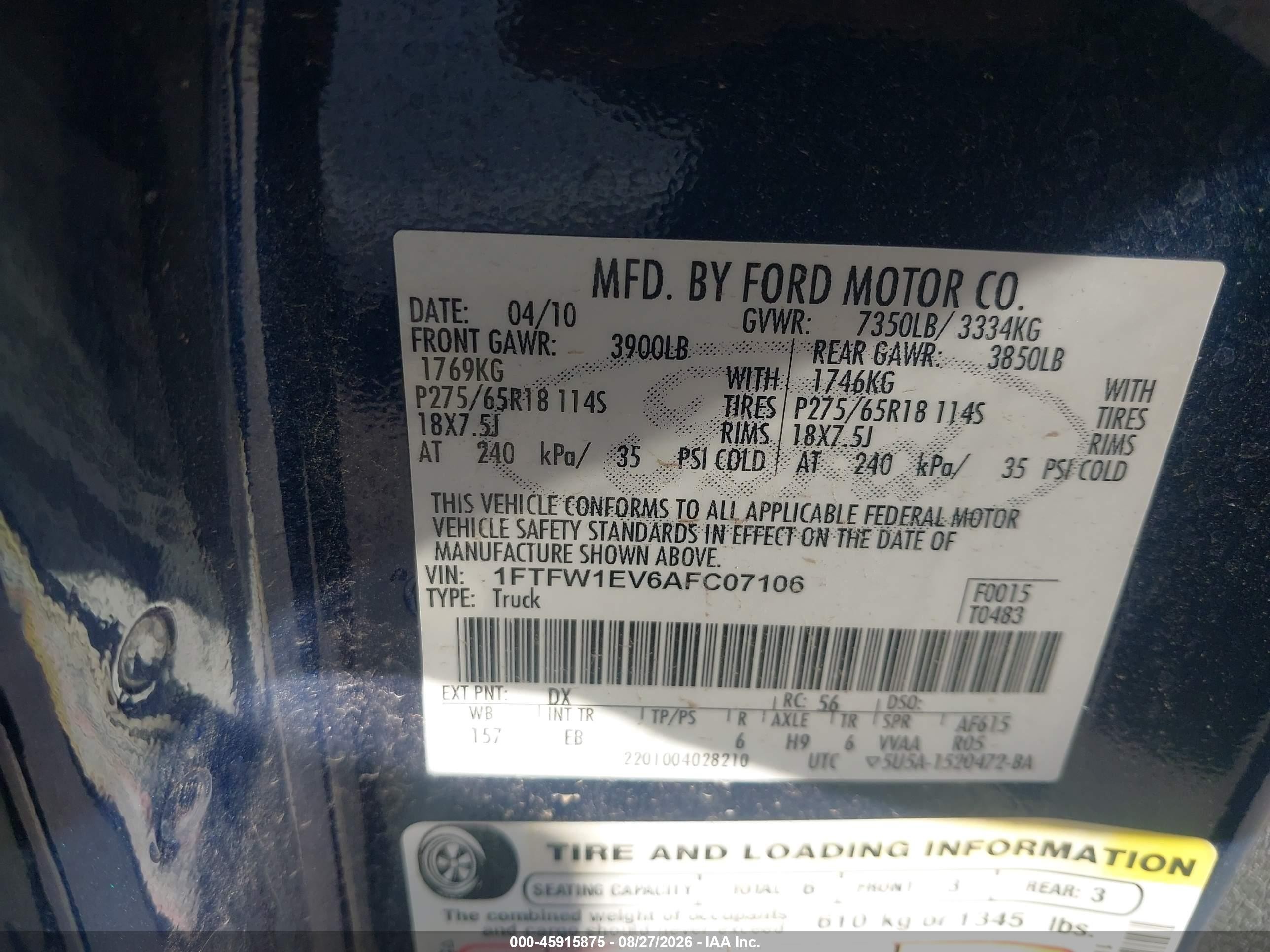 2010 Ford F-150 Fx4/harley-davidson/king Ranch/lariat/platinum/xl/xlt Blue vin: 1FTFW1EV6AFC07106