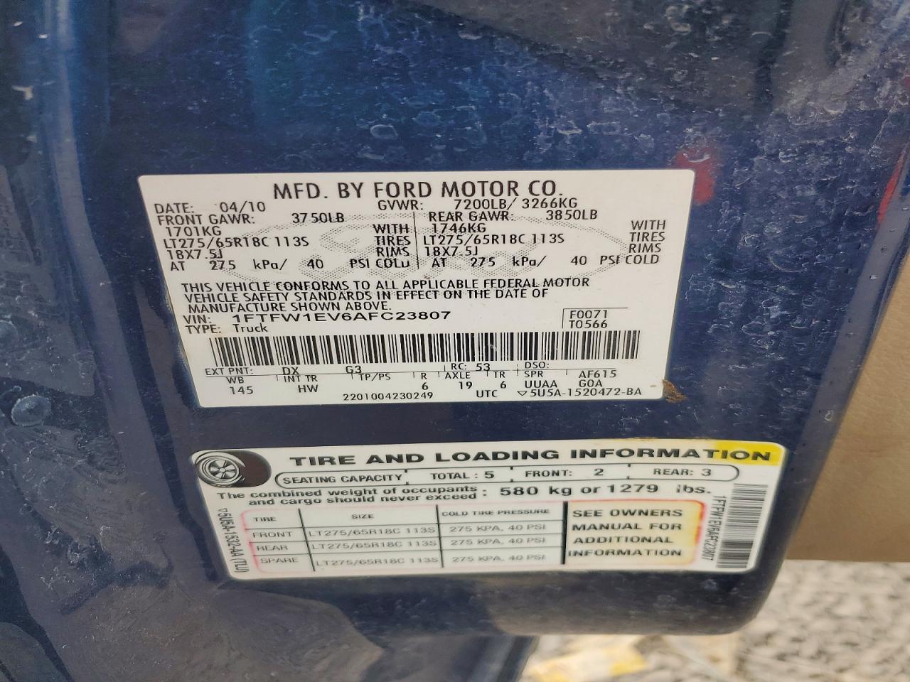 2010 Ford F150 Supercrew Blue vin: 1FTFW1EV6AFC23807