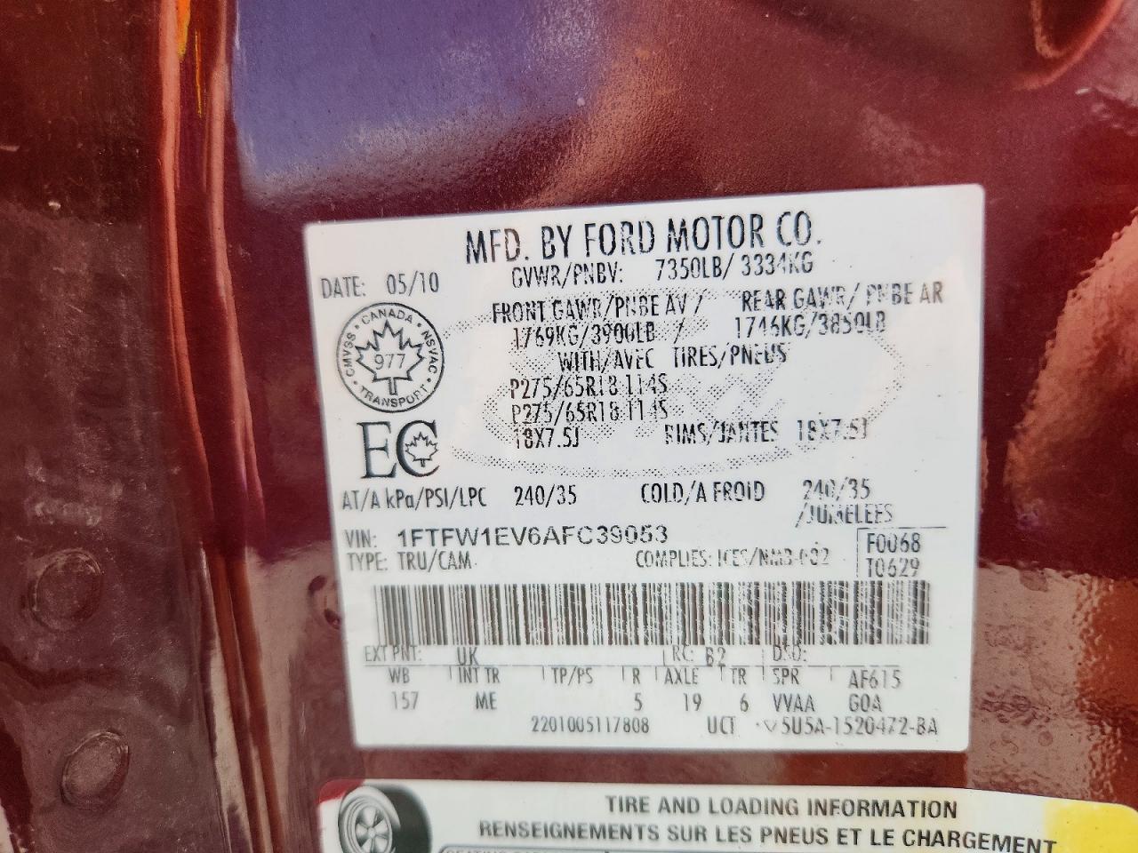 2010 Ford F150 Supercrew Burgundy vin: 1FTFW1EV6AFC39053