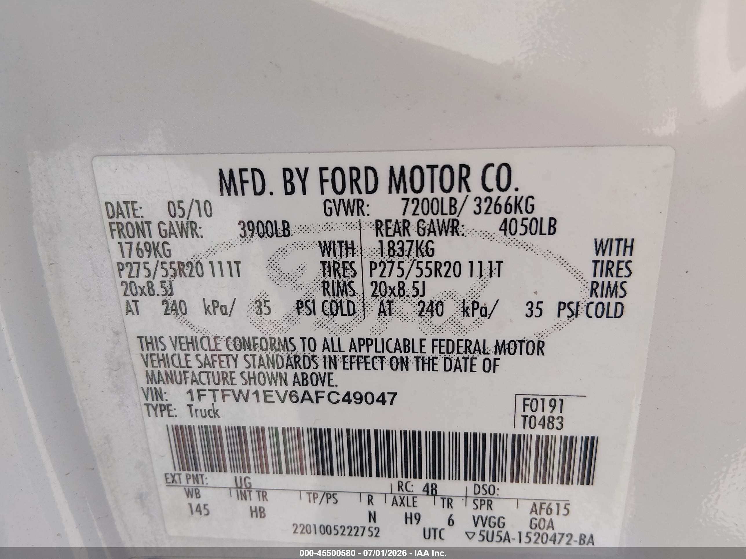 2010 Ford F-150 Fx4/harley-davidson/king Ranch/lariat/platinum/xl/xlt White vin: 1FTFW1EV6AFC49047