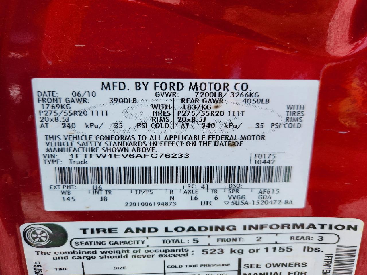 2010 Ford F150 Supercrew Red vin: 1FTFW1EV6AFC76233