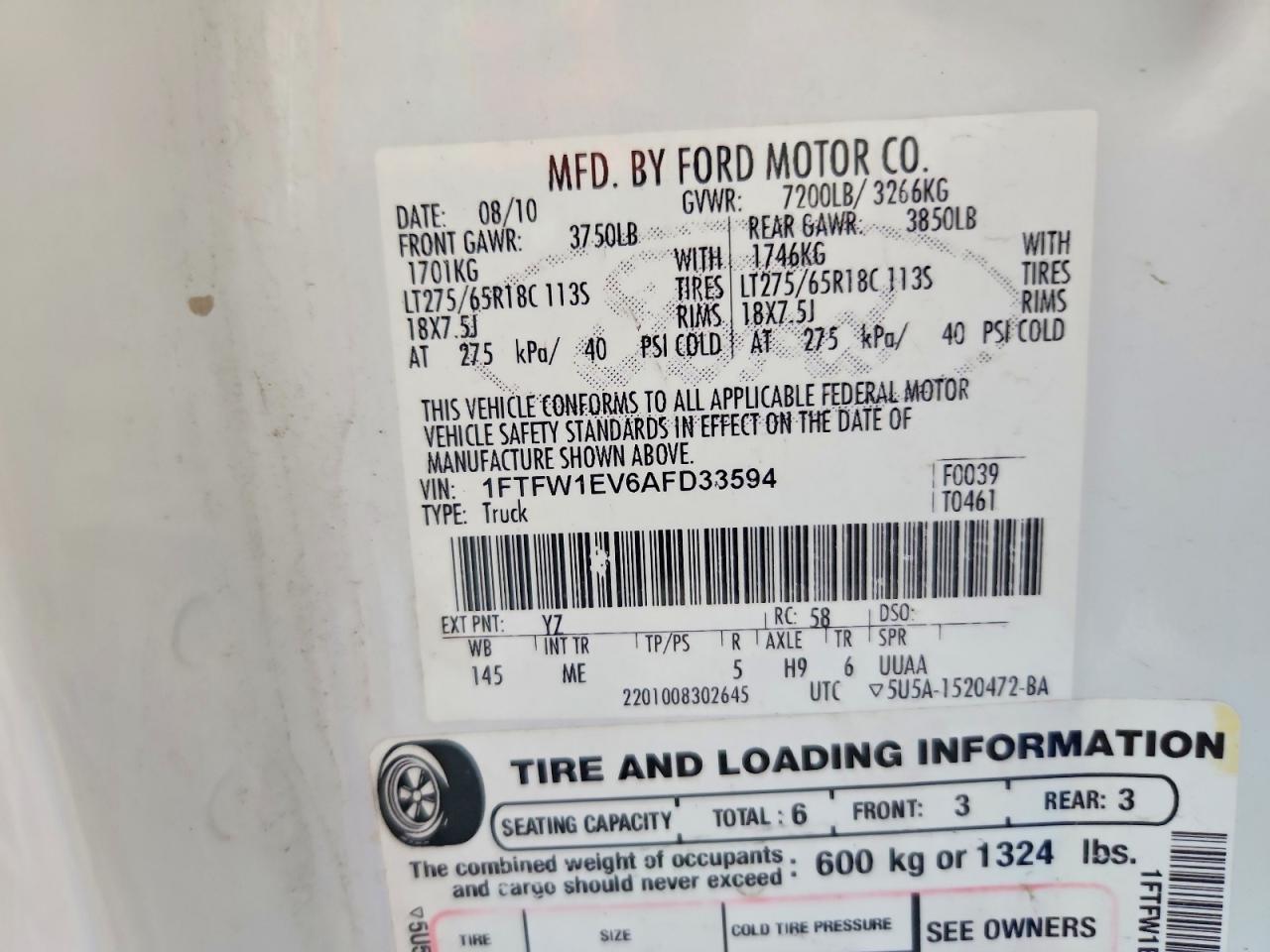2010 Ford F150 Supercrew White vin: 1FTFW1EV6AFD33594