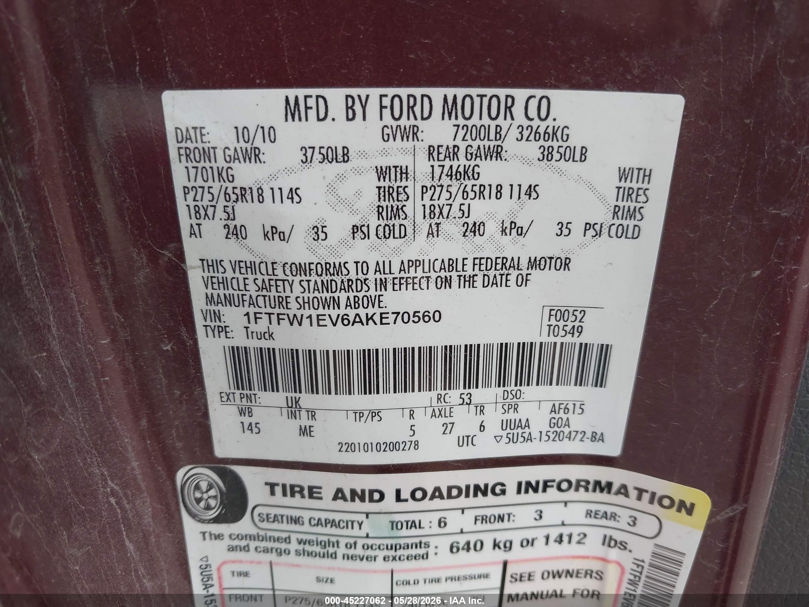 2010 Ford F-150 Fx4/harley-davidson/king Ranch/lariat/platinum/xl/xlt Коричневый vin: 1FTFW1EV6AKE70560