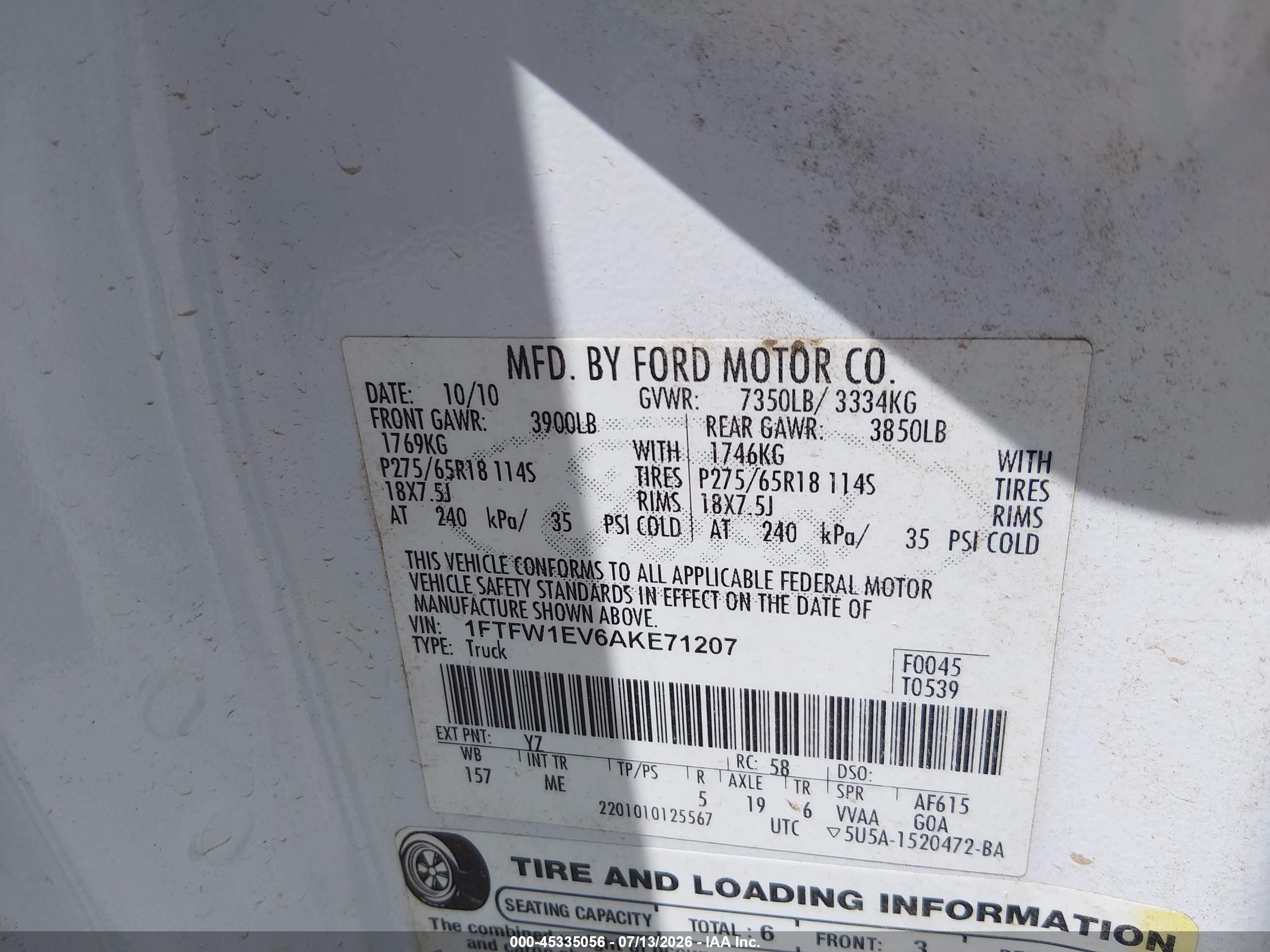2010 Ford F-150 Fx4/harley-davidson/king Ranch/lariat/platinum/xl/xlt White vin: 1FTFW1EV6AKE71207