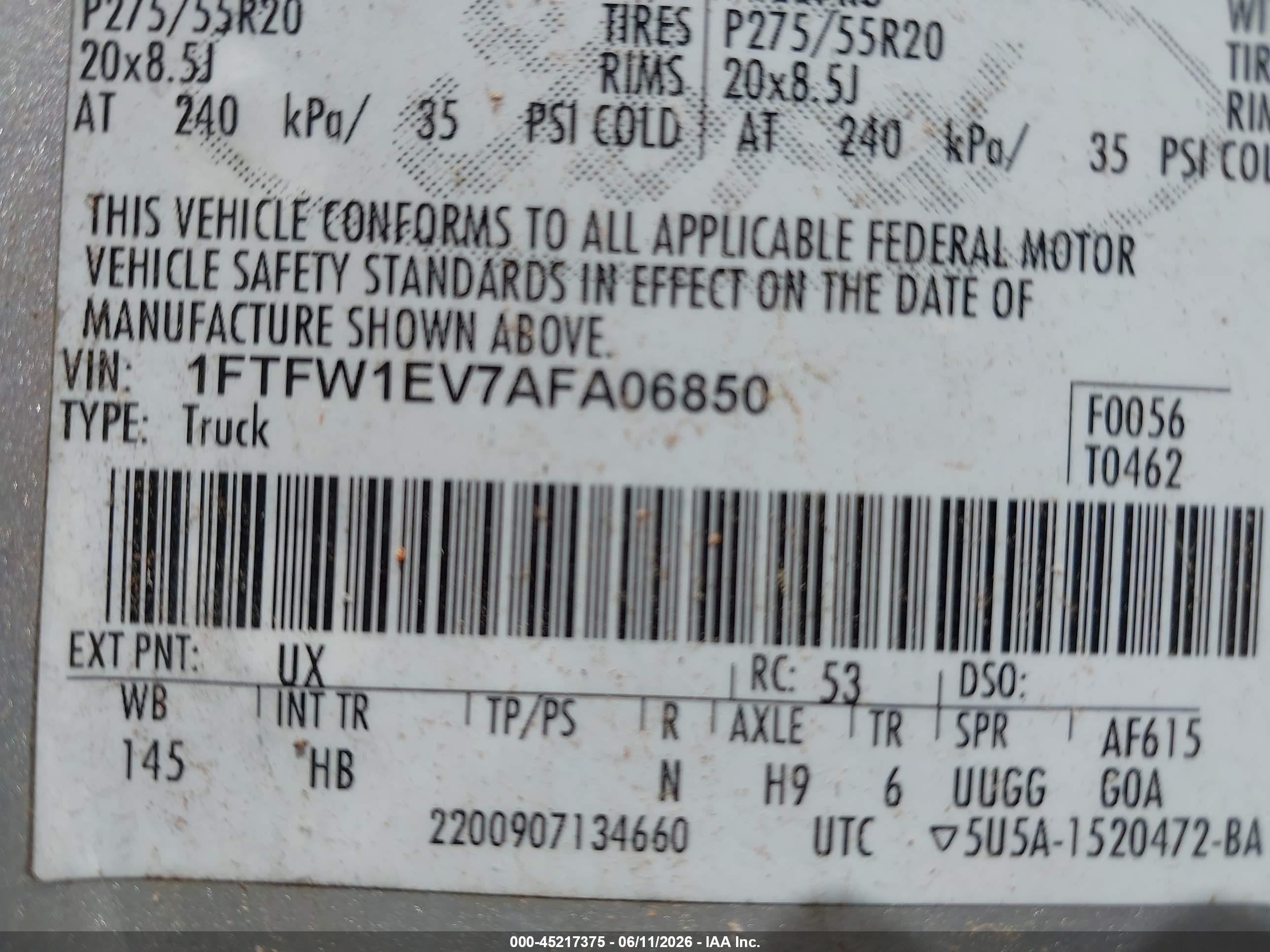 2010 Ford F-150 Fx4/harley-davidson/king Ranch/lariat/platinum/xl/xlt Silver vin: 1FTFW1EV7AFA06850