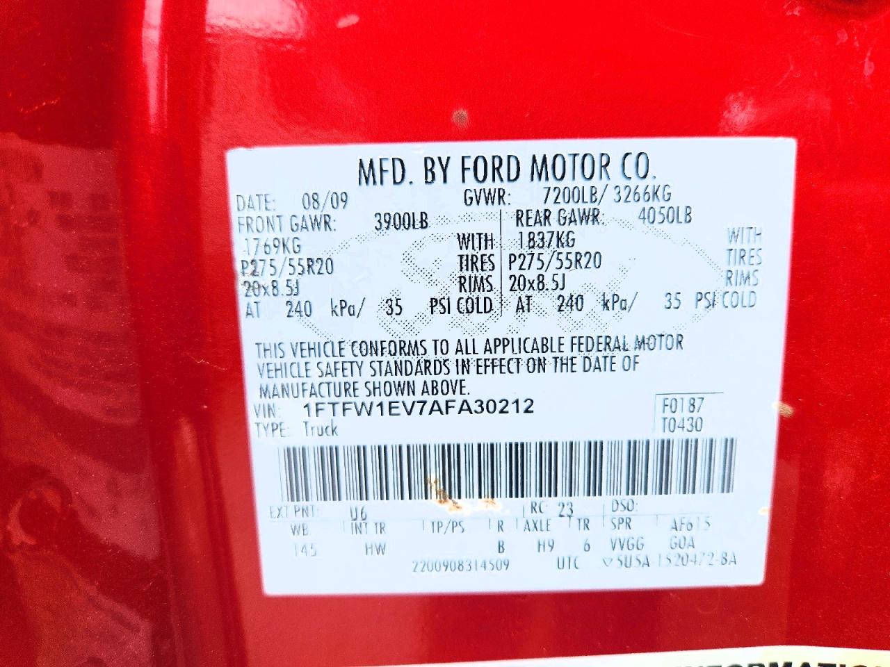 2010 Ford F150 Supercrew Red vin: 1FTFW1EV7AFA30212