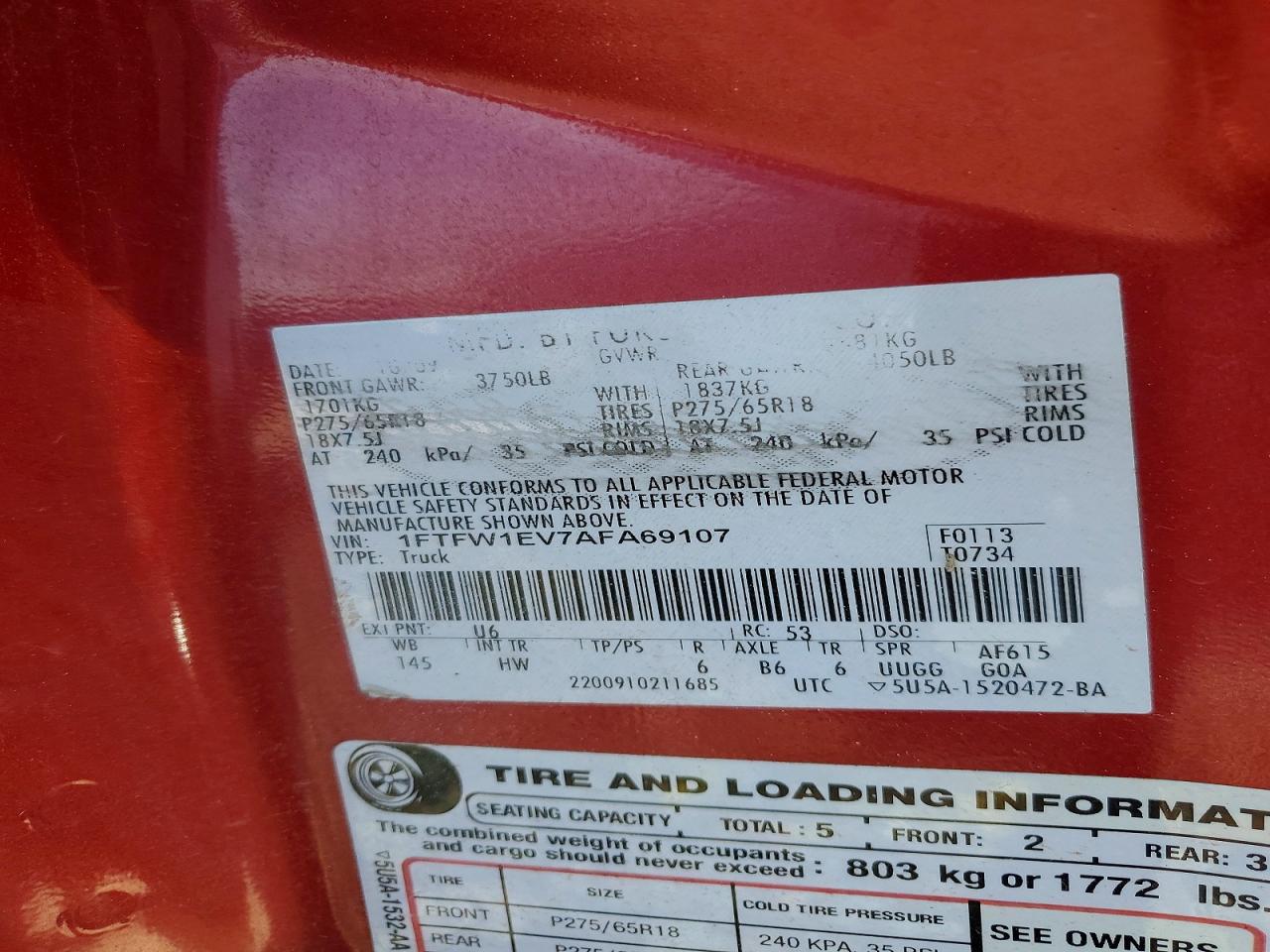 2010 Ford F150 Supercrew Red vin: 1FTFW1EV7AFA69107