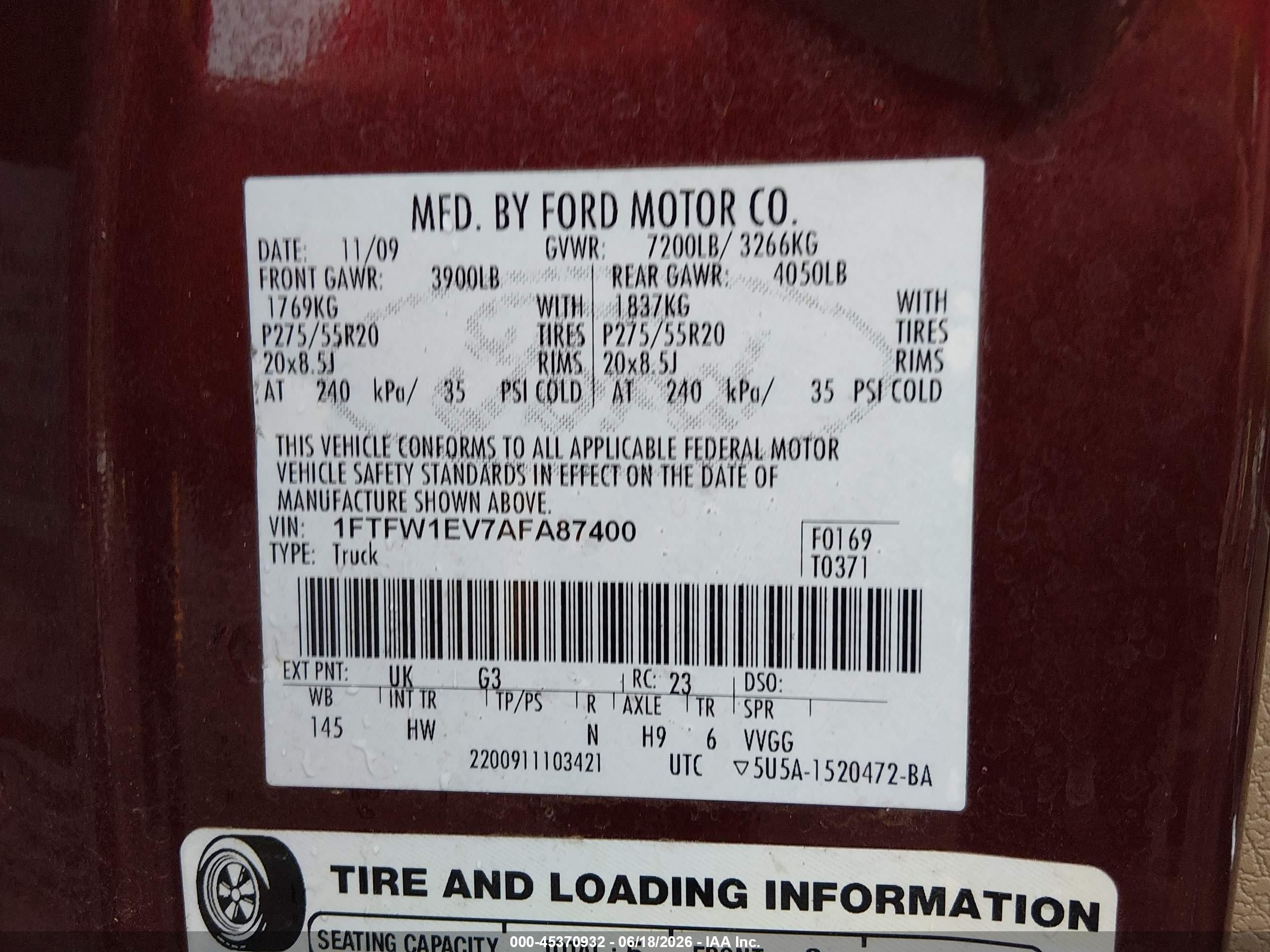 2010 Ford F-150 Fx4/harley-davidson/king Ranch/lariat/platinum/xl/xlt Maroon vin: 1FTFW1EV7AFA87400
