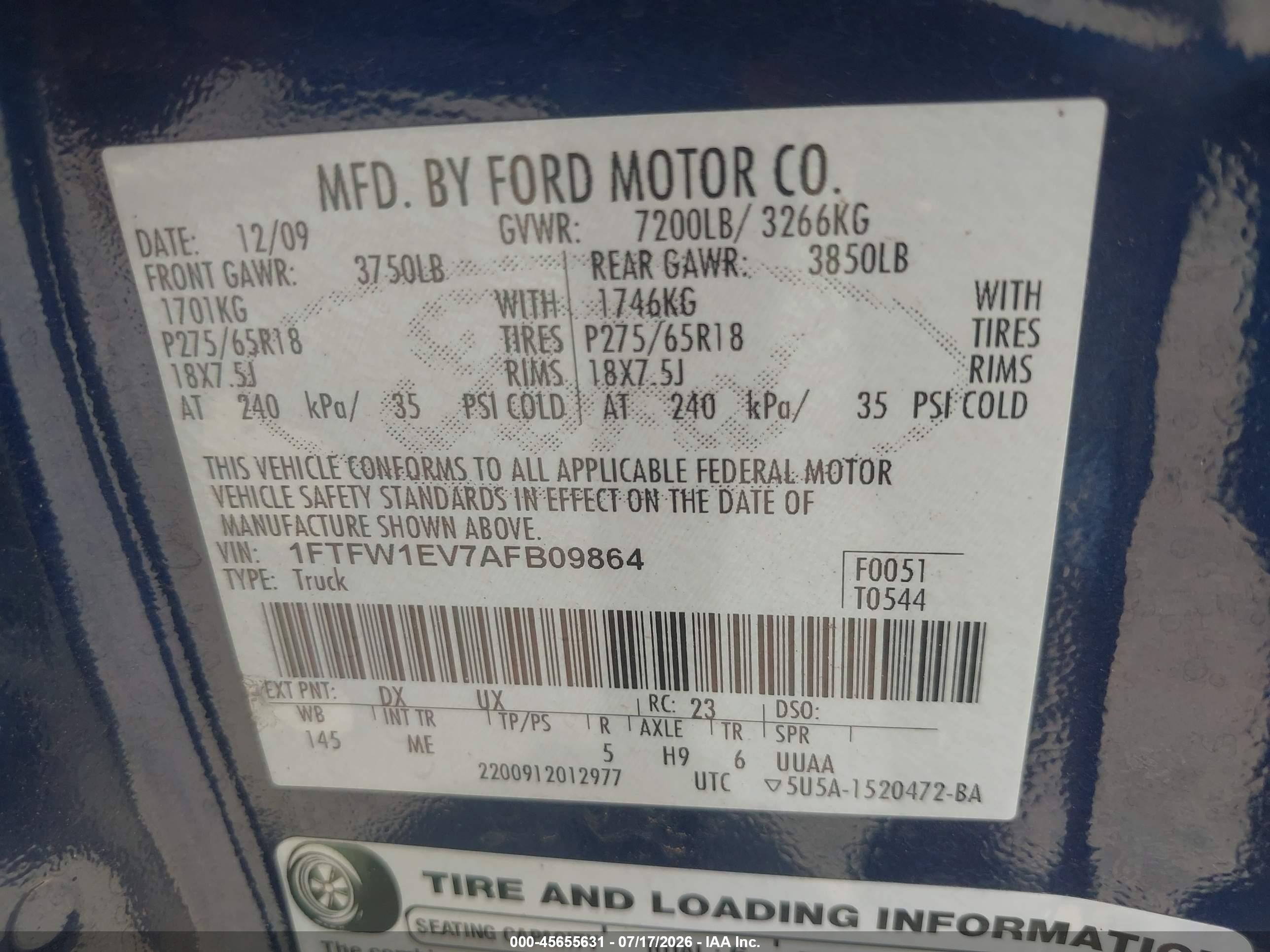 2010 Ford F-150 Fx4/harley-davidson/king Ranch/lariat/platinum/xl/xlt Blue vin: 1FTFW1EV7AFB09864