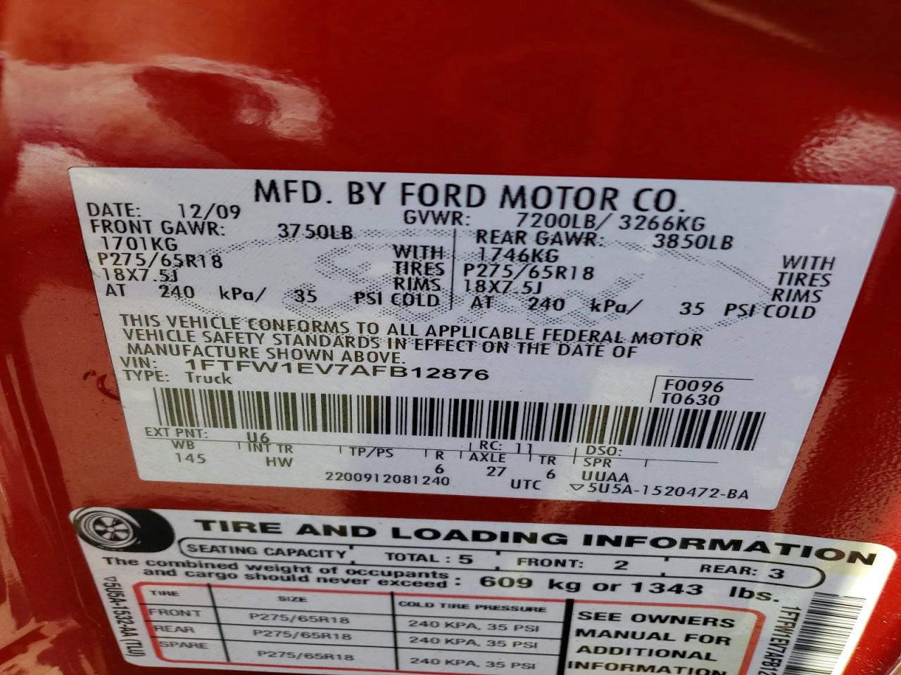2010 Ford F150 Supercrew Red vin: 1FTFW1EV7AFB12876