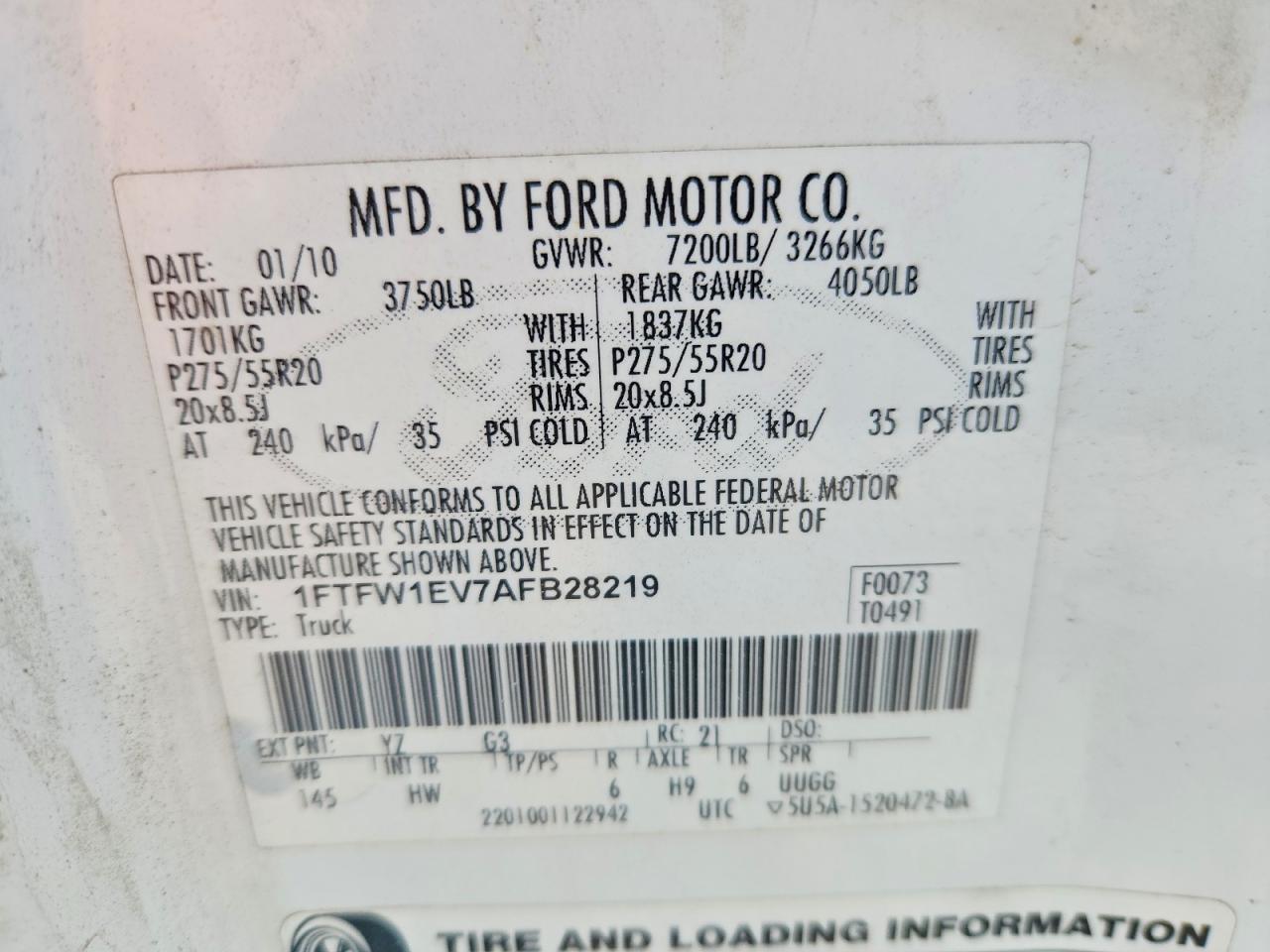 2010 Ford F150 Supercrew White vin: 1FTFW1EV7AFB28219