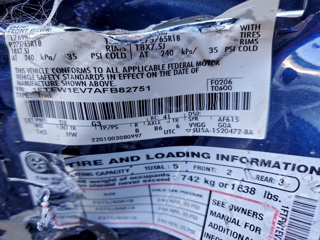 2010 Ford F150 Blue vin: 1FTFW1EV7AFB82751