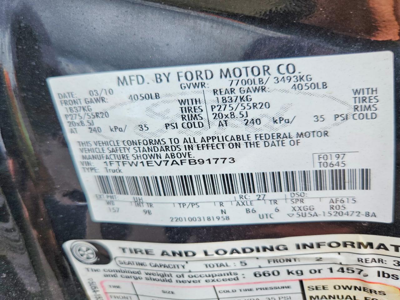 2010 Ford F150 Supercrew Black vin: 1FTFW1EV7AFB91773