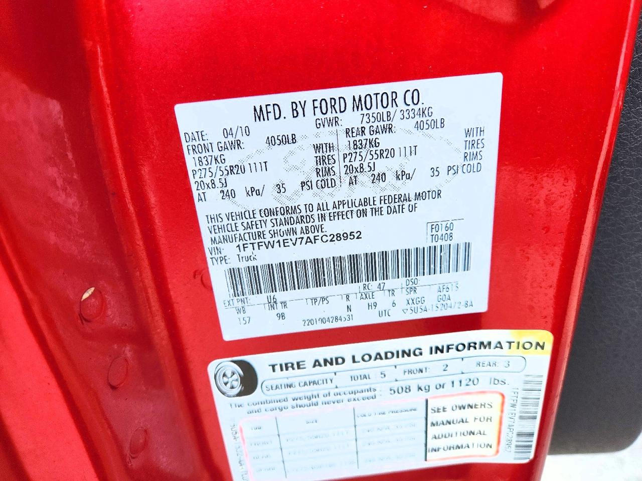 2010 Ford F150 Supercrew Red vin: 1FTFW1EV7AFC28952