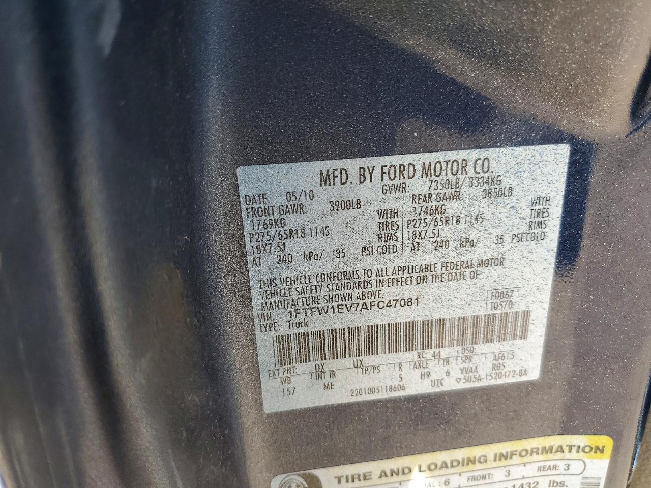 2010 Ford F150 Supercrew Blue vin: 1FTFW1EV7AFC47081