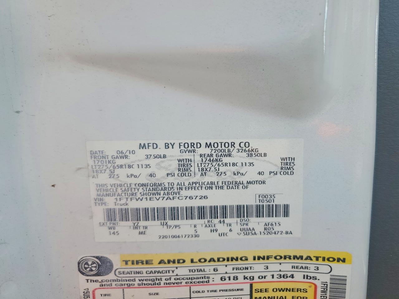 2010 Ford F150 Supercrew White vin: 1FTFW1EV7AFC76726