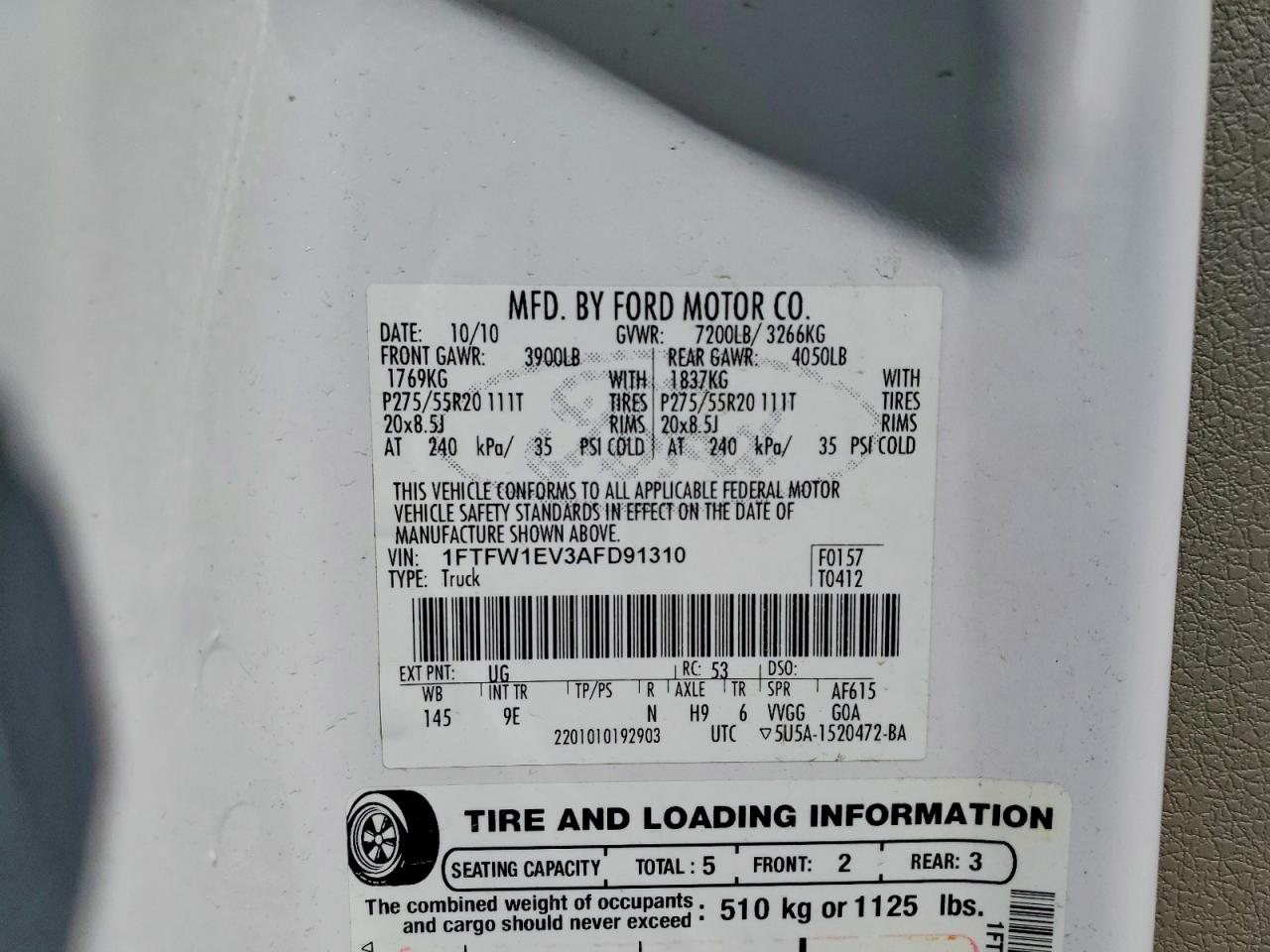 2010 Ford F150 Supercrew White vin: 1FTFW1EV3AFD91310