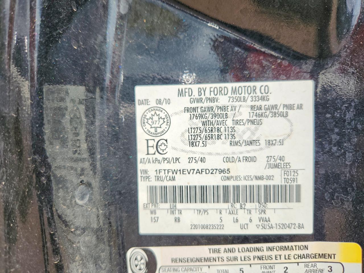 2010 Ford F150 Supercrew Black vin: 1FTFW1EV7AFD27965