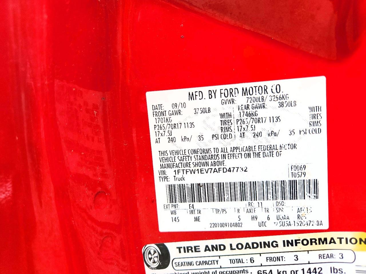 2010 Ford F150 Supercrew Red vin: 1FTFW1EV7AFD47732