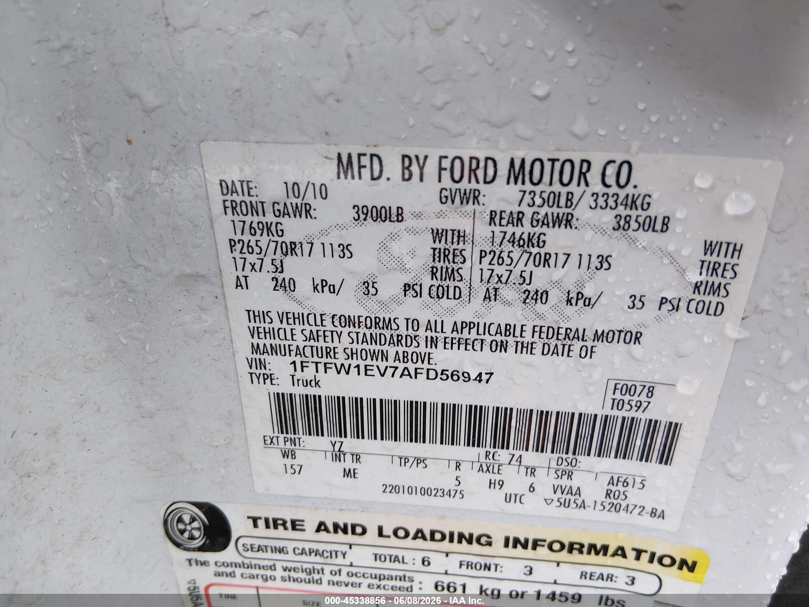 2010 Ford F-150 Fx4/harley-davidson/king Ranch/lariat/platinum/xl/xlt White vin: 1FTFW1EV7AFD56947