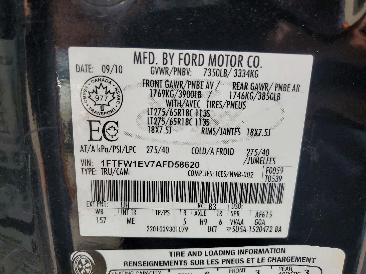2010 Ford F150 Supercrew Black vin: 1FTFW1EV7AFD58620