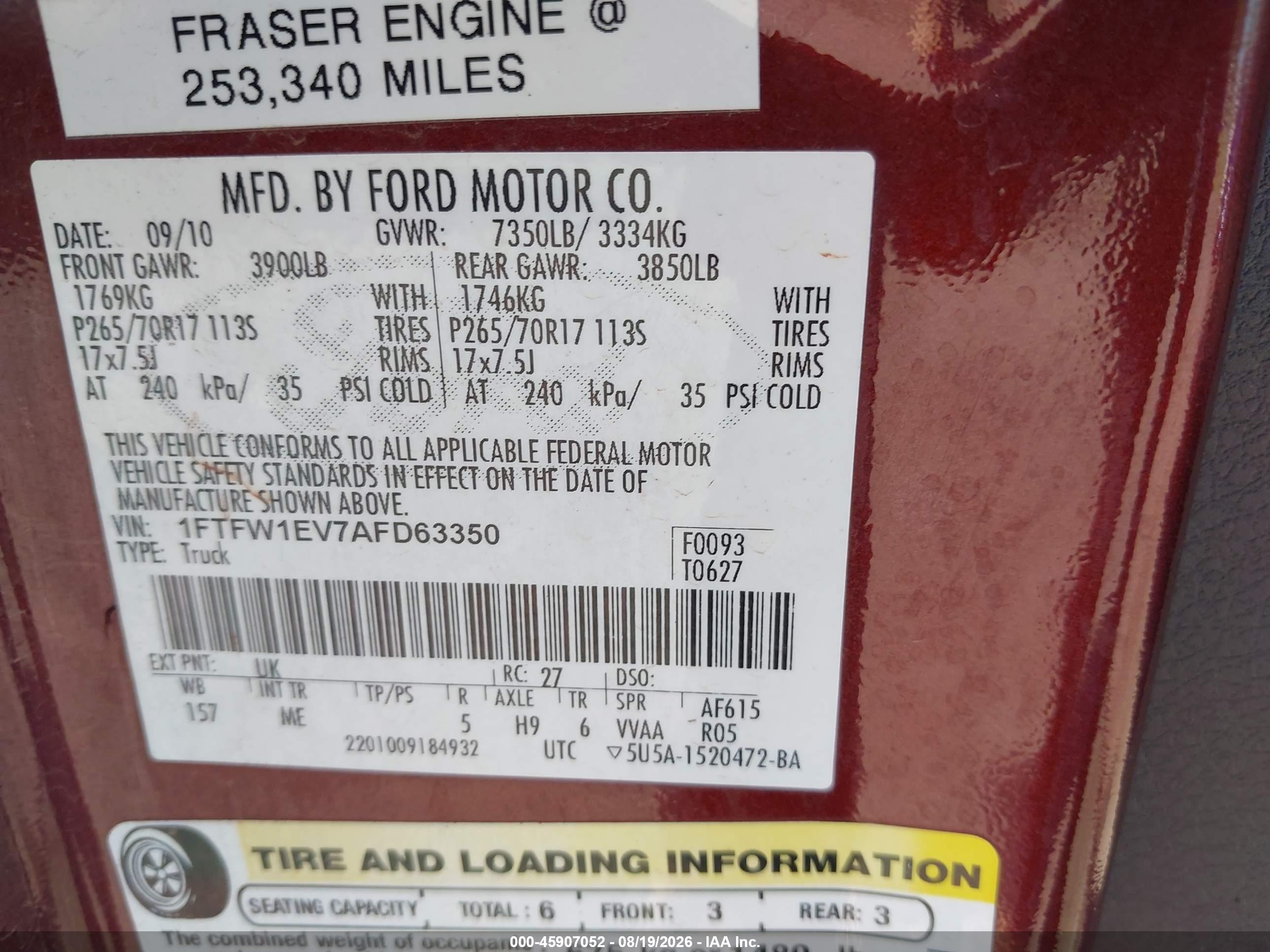 2010 Ford F-150 Fx4/harley-davidson/king Ranch/lariat/platinum/xl/xlt Red vin: 1FTFW1EV7AFD63350