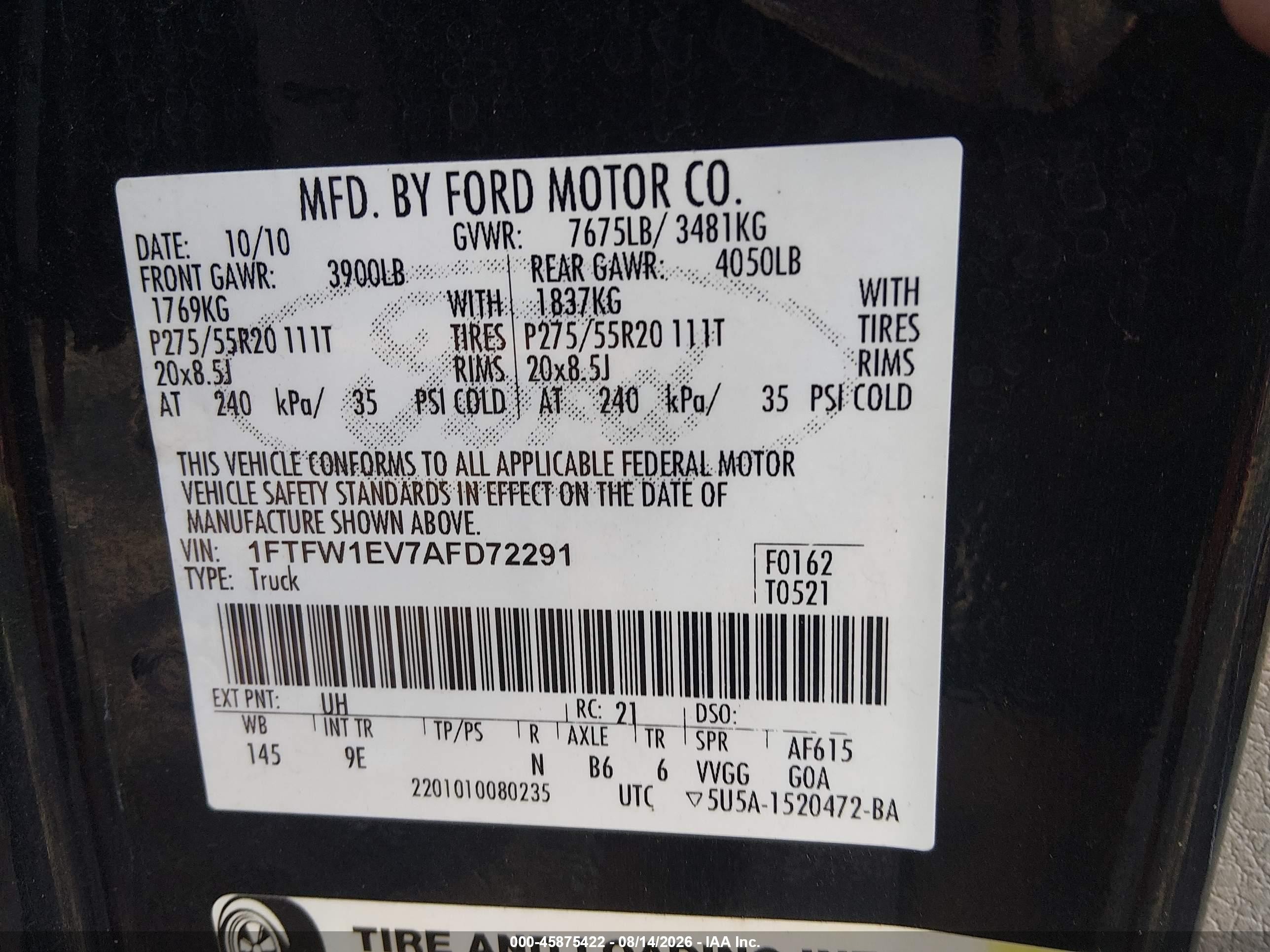 2010 Ford F-150 Fx4/harley-davidson/king Ranch/lariat/platinum/xl/xlt Black vin: 1FTFW1EV7AFD72291