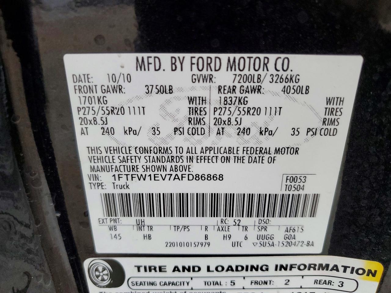2010 Ford F150 Supercrew Black vin: 1FTFW1EV7AFD86868