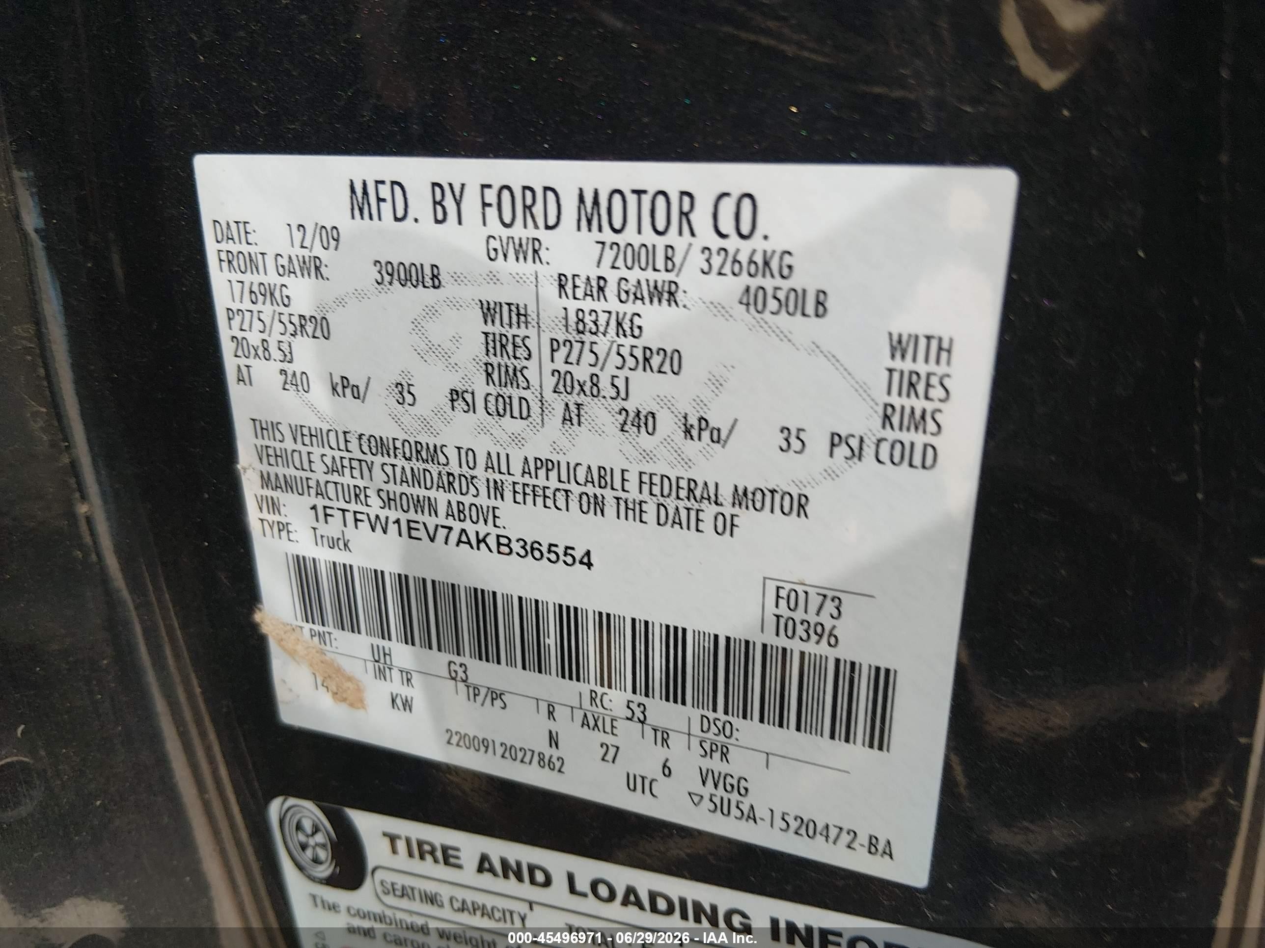 2010 Ford F-150 Fx4/harley-davidson/king Ranch/lariat/platinum/xl/xlt Black vin: 1FTFW1EV7AKB36554