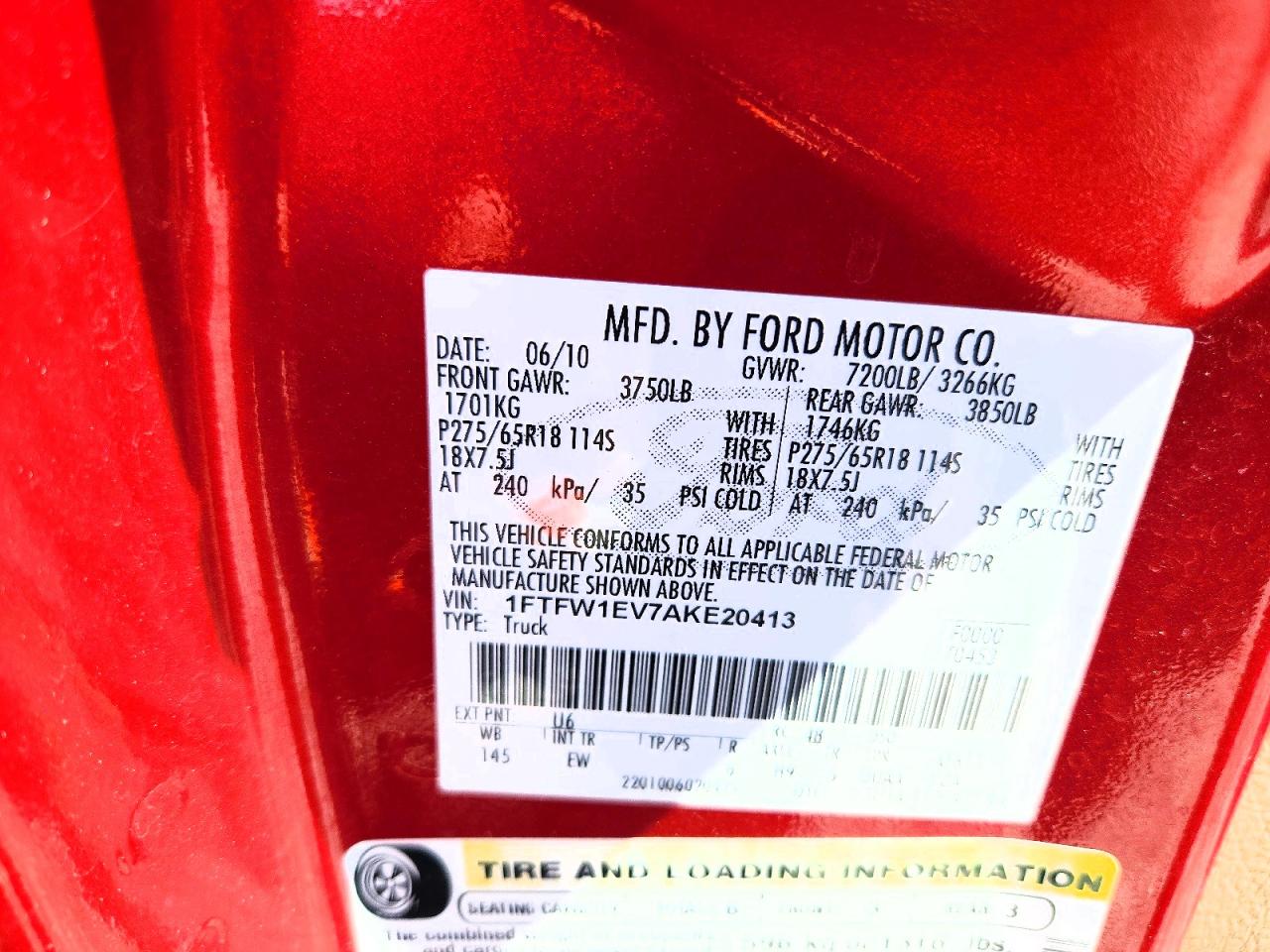 2010 Ford F150 Supercrew Red vin: 1FTFW1EV7AKE20413