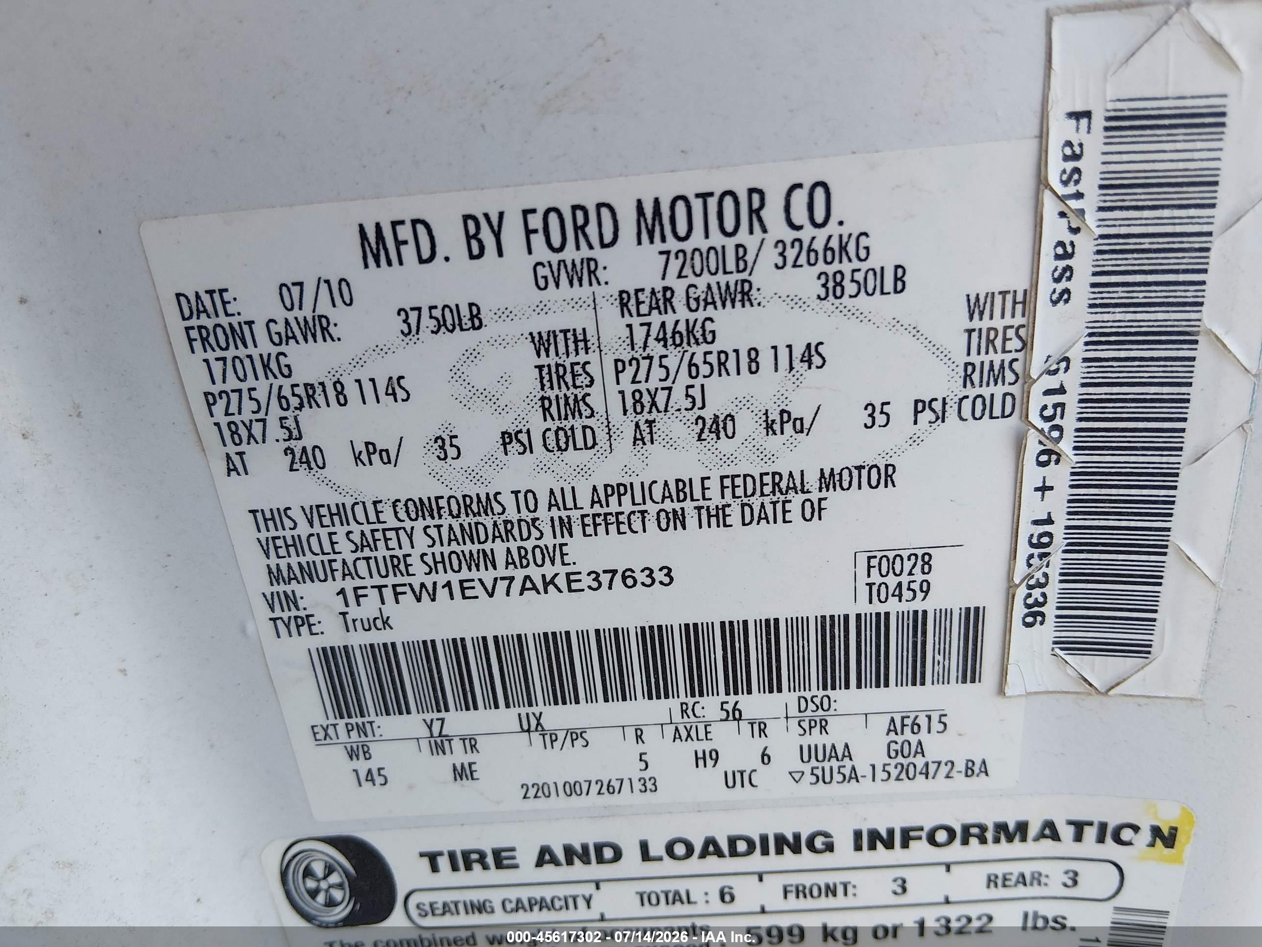2010 Ford F-150 Fx4/harley-davidson/king Ranch/lariat/platinum/xl/xlt White vin: 1FTFW1EV7AKE37633